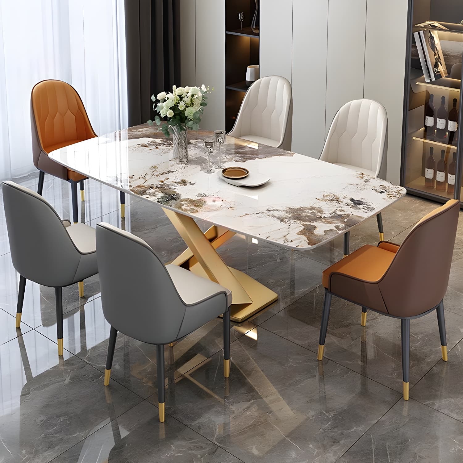 Glam Metal Dining Set in Beige with Gold Pedestal Base and Slate Tabletop - 1/5/7 Piece Set