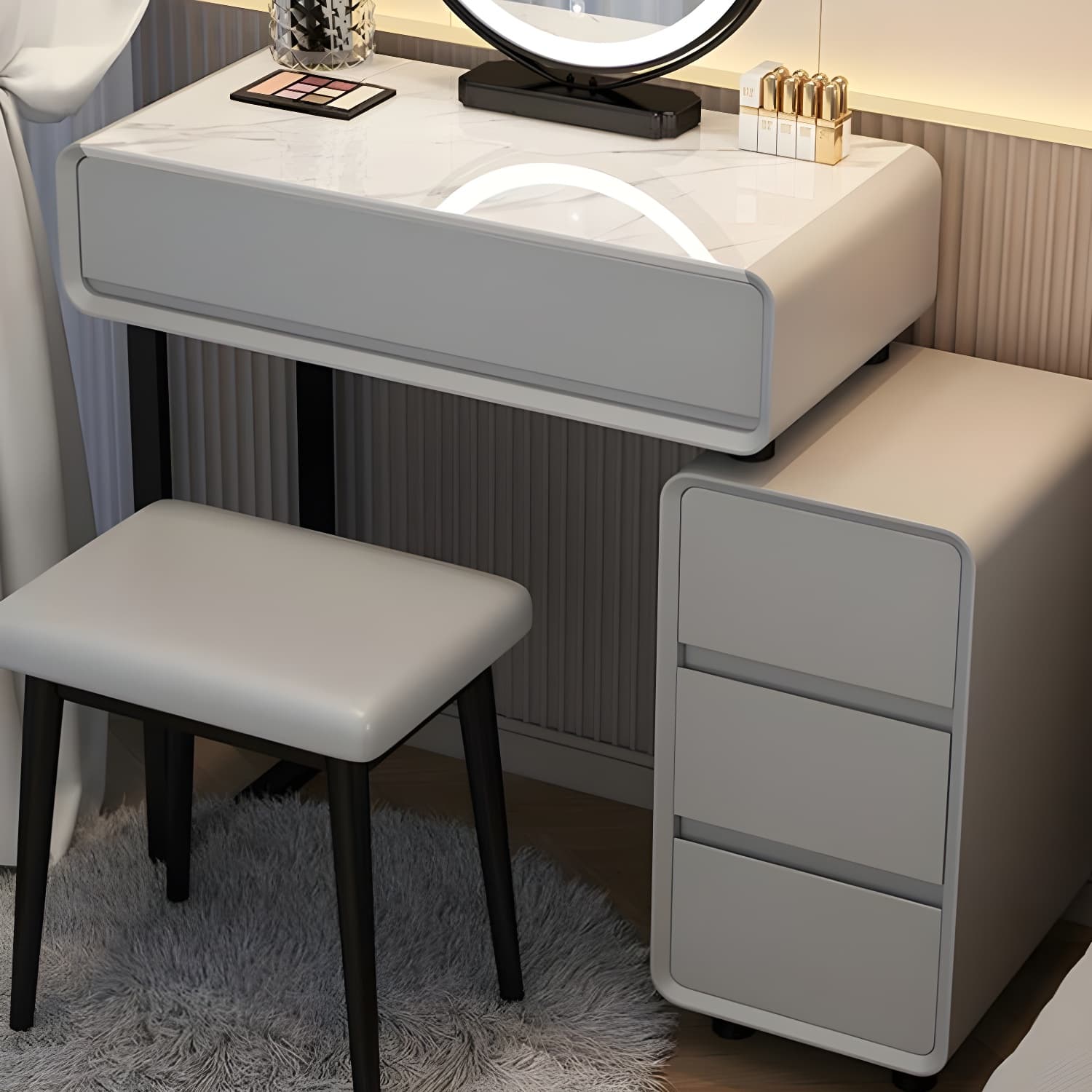 Modern Gray Makeup Vanity with Mirror & Drawers & Seat Included - image 8