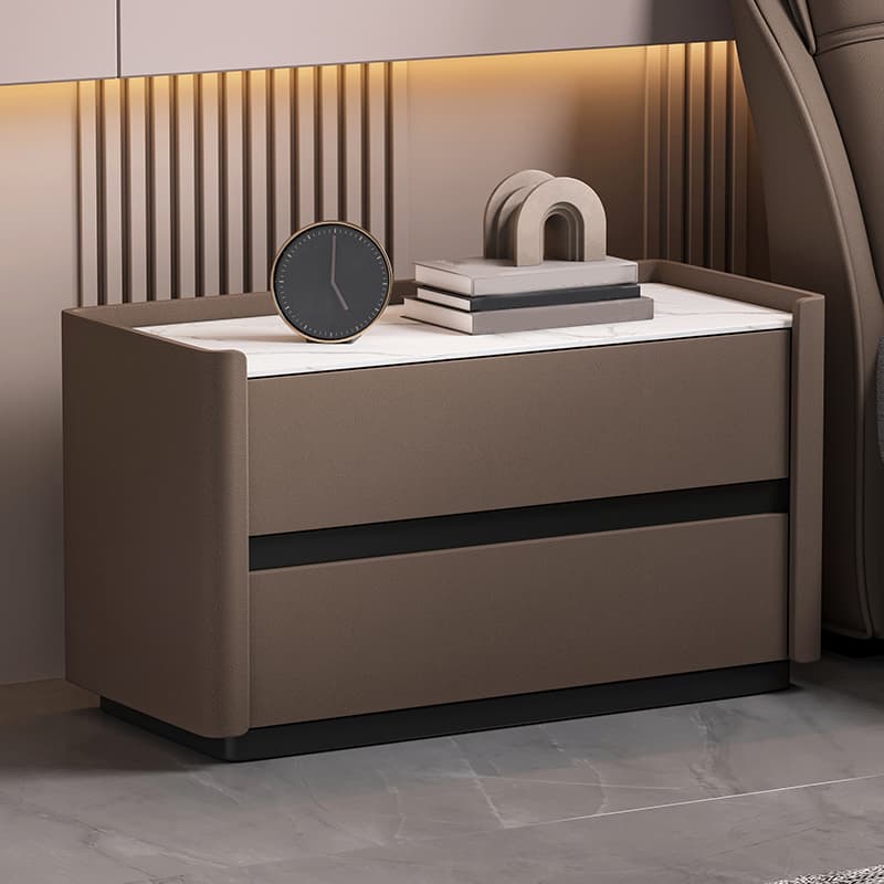 Modern Faux Leather Nightstand with 2 Drawers in Stone Countertop - image 12