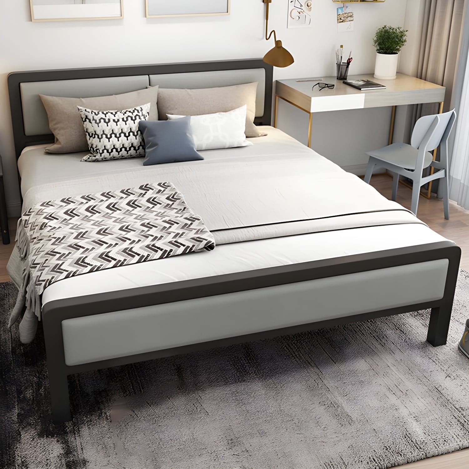 Contemporary Metal Standard Bed, Panel Rectangular Headboard Bed - image 4