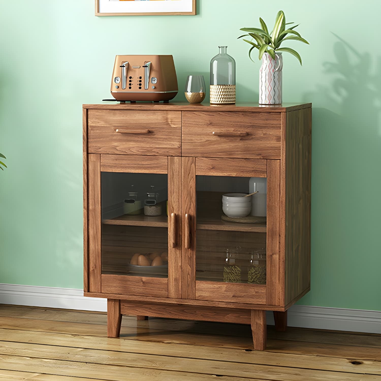 Modern Brown Wood Buffet Sideboard with Glass Doors and Drawers - image 3