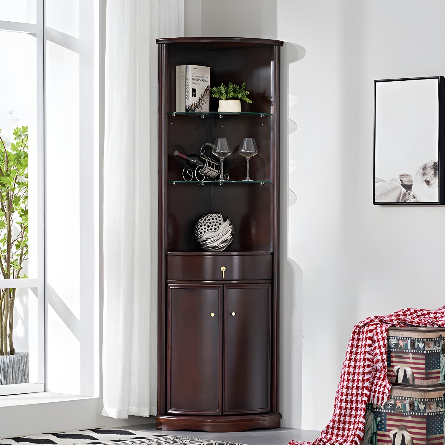 Corner Mid-Century Modern Accent Cabinet with Wood Countertop, Glass Doors, and Drawers Included