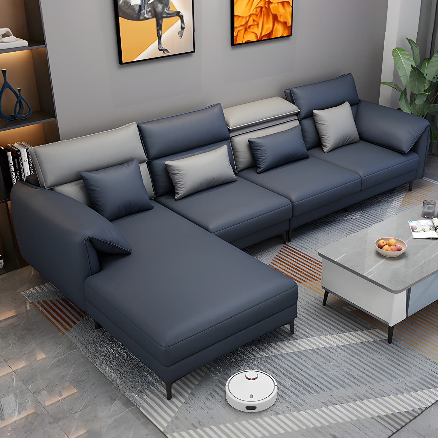 Modern L-Shape Tech Cloth Sofa Chaise with Adjustable Headrests and Storage in 3 Piece Set