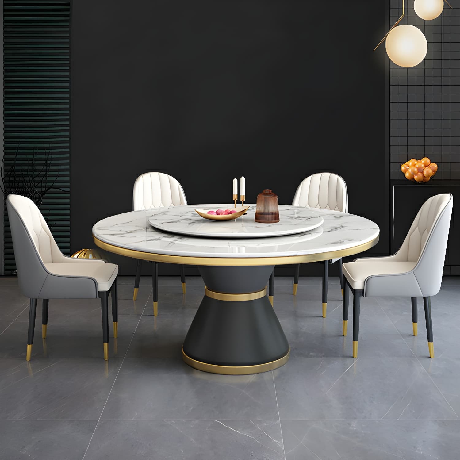 Glam Round Marble Dining Set in White with Black Metal Pedestal Base - 1/5/7 Piece Set
