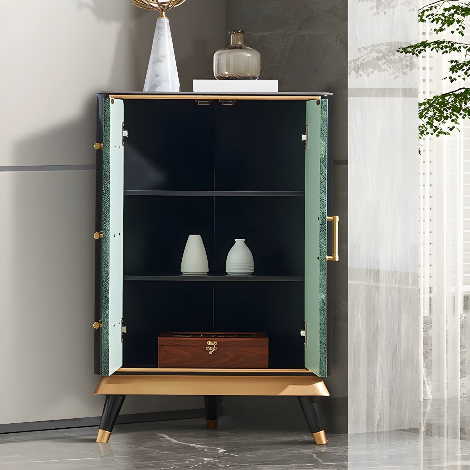 Glam Corner Accent Cabinet with Black Stone Countertop and Wood Base for Small Spaces - image 4