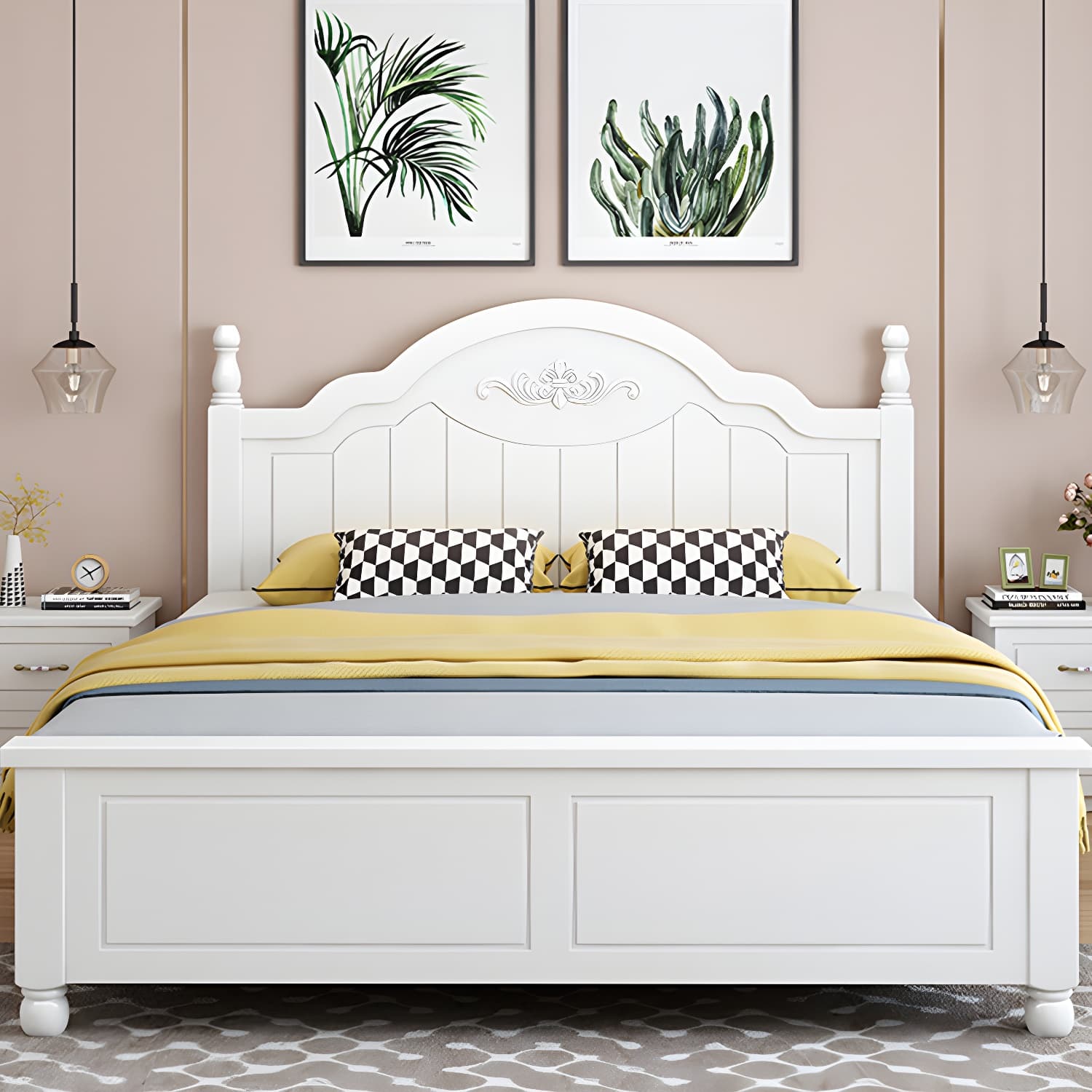 Modern Solid Color Wooden Freestanding Bed Frame with Headboard