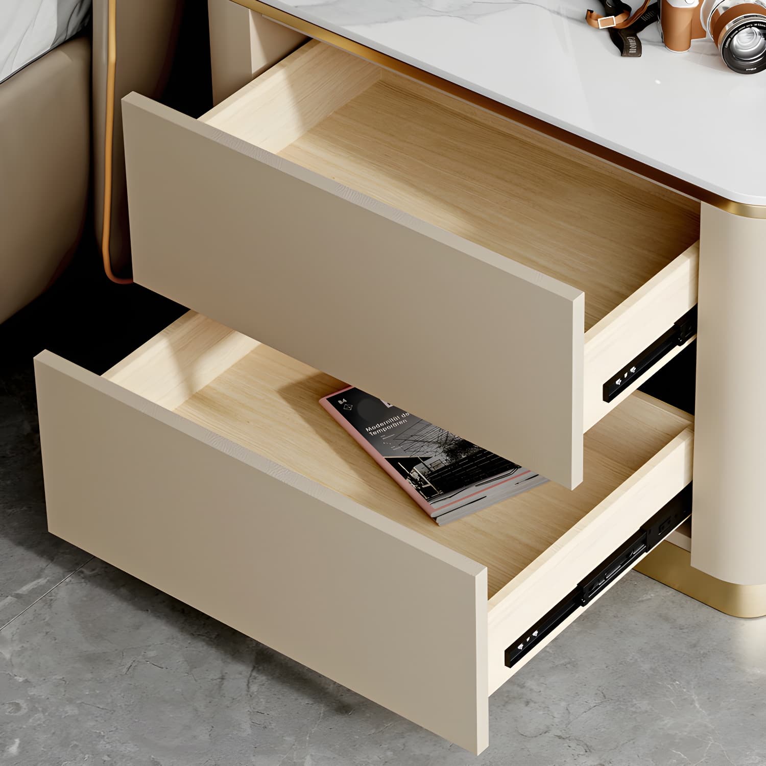Glam Solid Wood Leather Outer Frame Accent Table Nightstand Drawer Storage Night Table - image 17