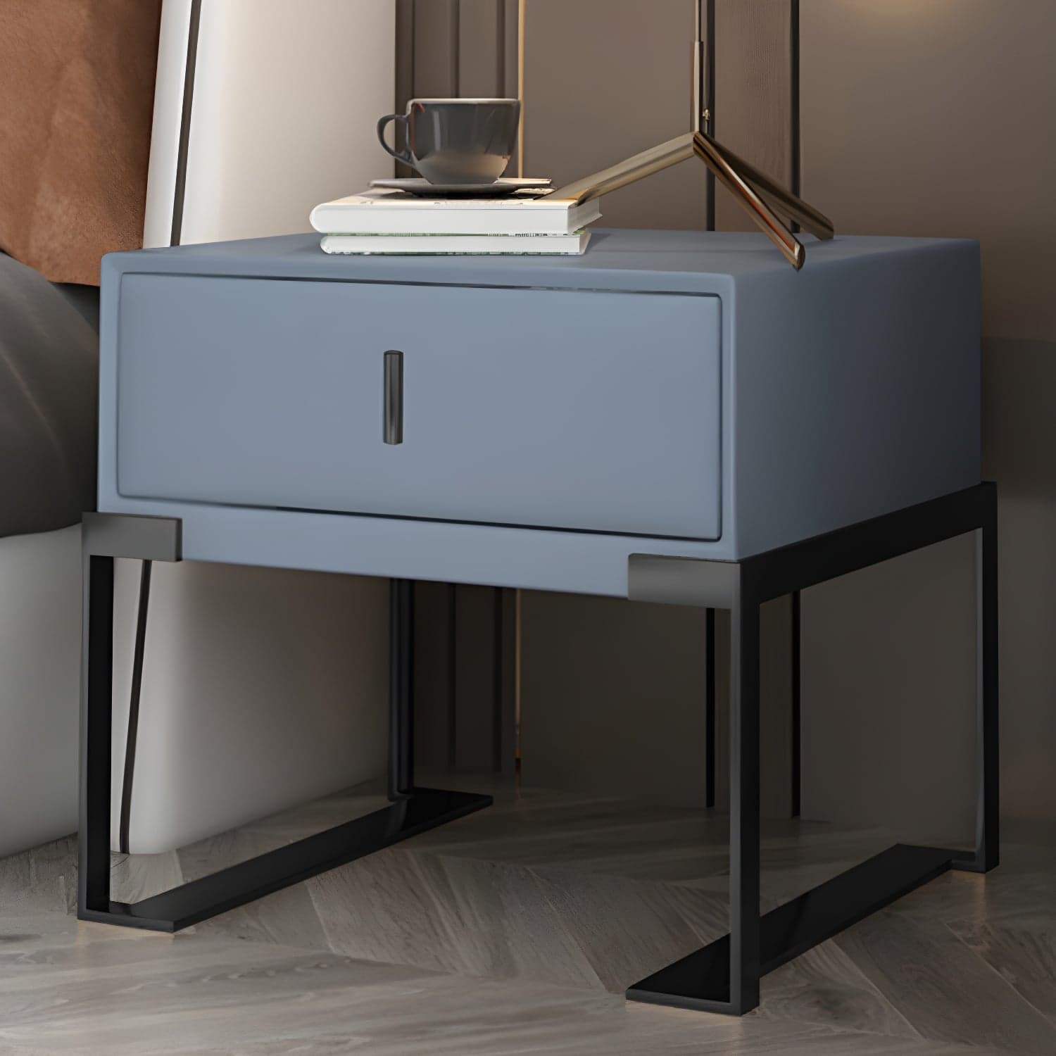 Leather 1 Drawer Nightstand Contemporary Night Table with Metal Legs - image 11