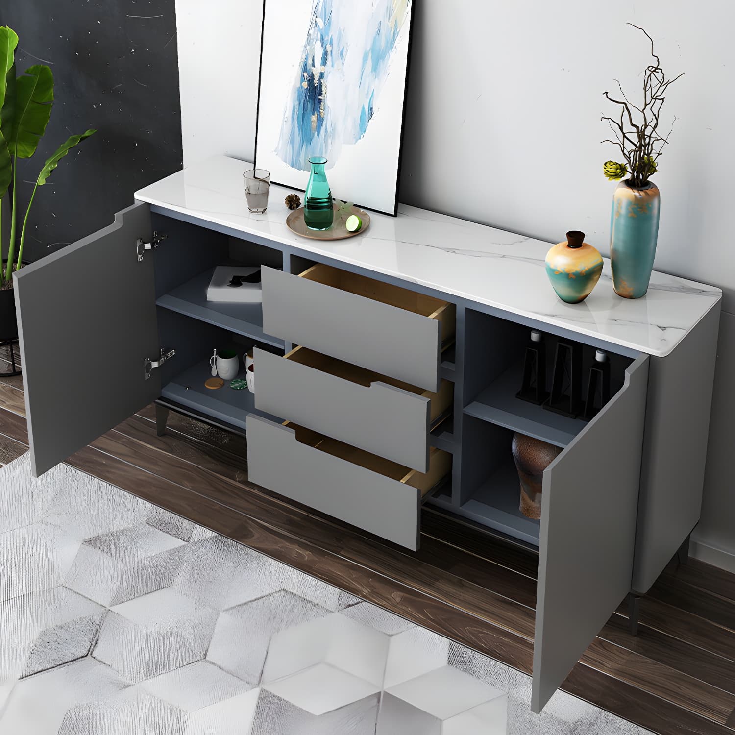 Modern Antique Finish Credenza 3 Drawer Sintered Stone Sideboard Cabinet - image 8
