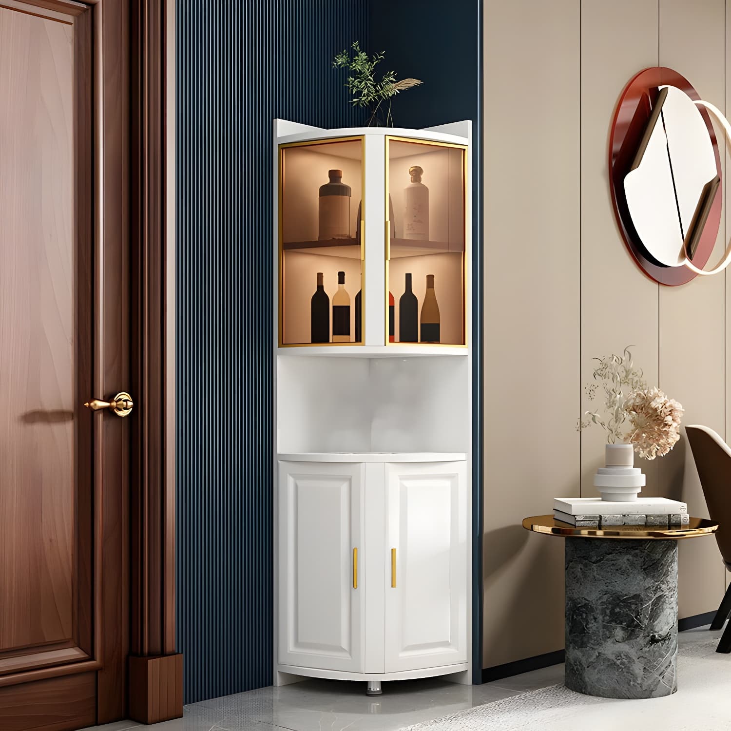 Modern White Corner Accent Cabinet with Glass Doors and 2 Interior Shelves