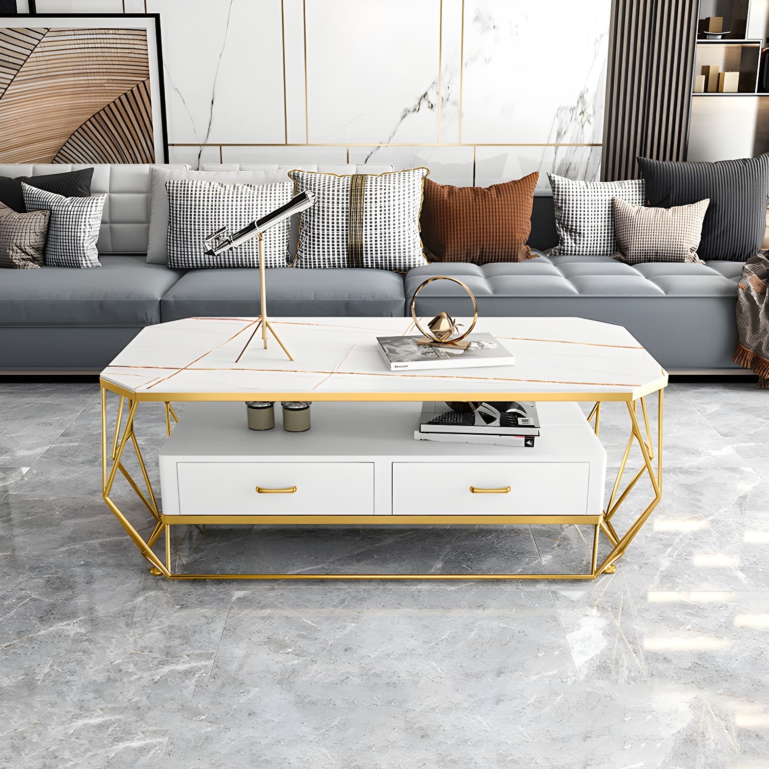 Glam Golden Frame Coffee Table with Storage Drawers Cocktail Table - image 5