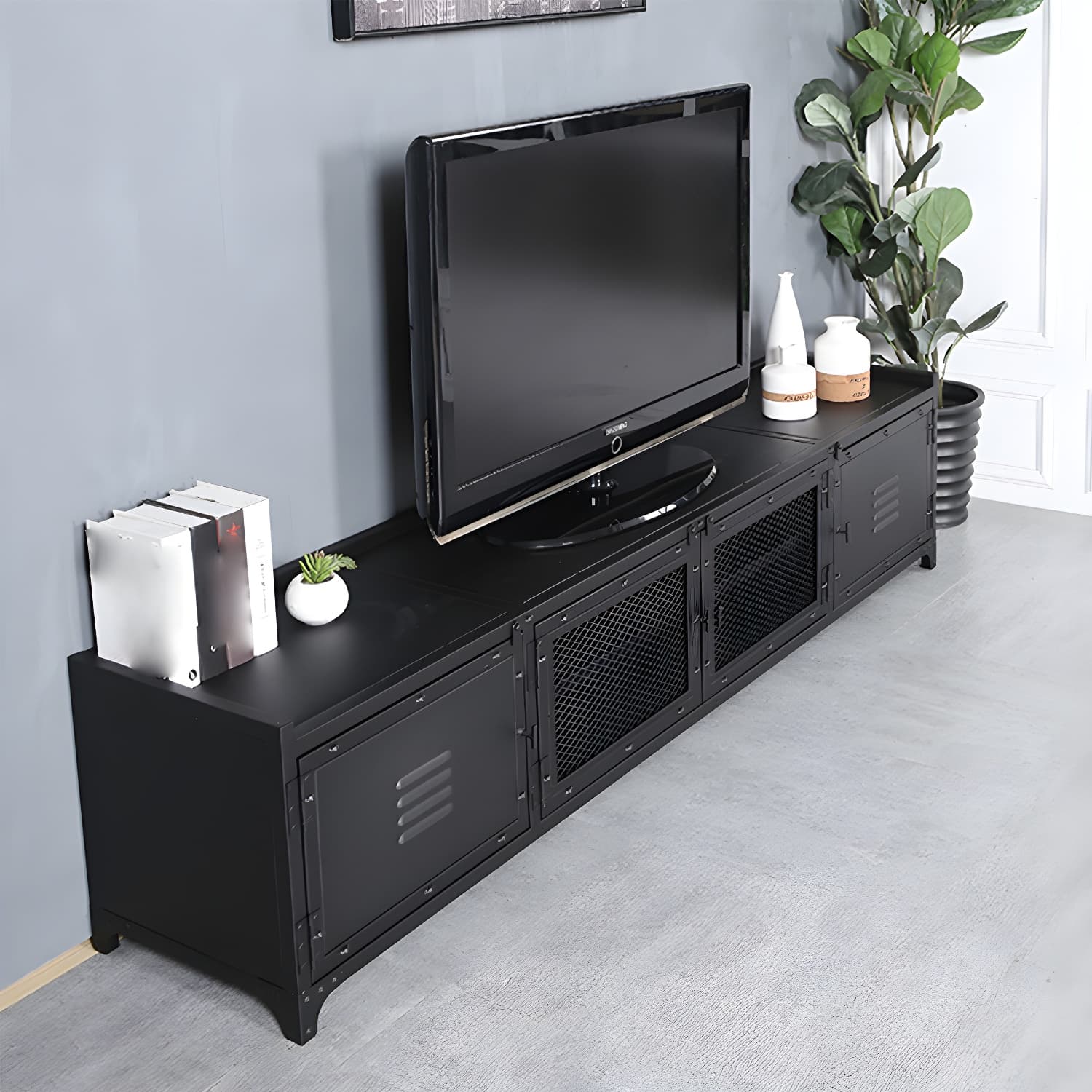 Industrial Style Metal TV Stand Black Colour Enclosed Storage TV Console with Cabinet - image 3