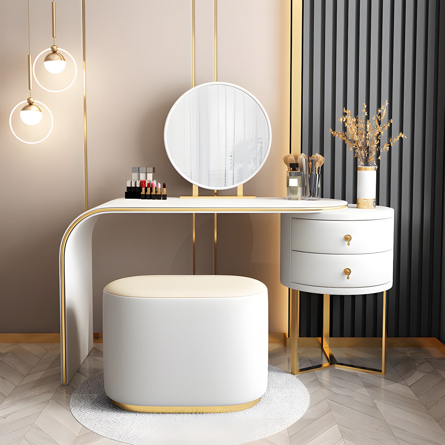 Genuine Leather Makeup Dressing Table with Mirror and Stool Set - image 5