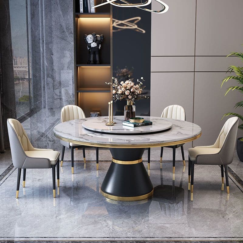 Circular Slate Dining Table Set with Pedestal Base, Upholstered Swivel Chairs, and Upholstered Back