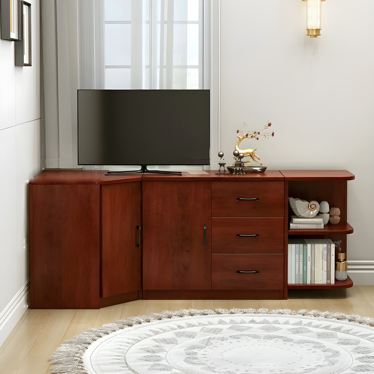 Modern Solid Wood Corner TV Stand Console with Storage Drawers & Shelves