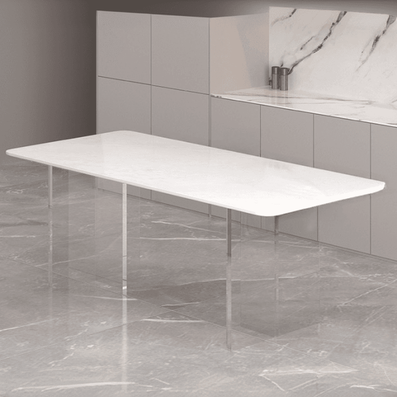 Dining Table Set with Rectangular White Slate Stone Top, Two-sided Pedestal Base, and Padded Chair with Back