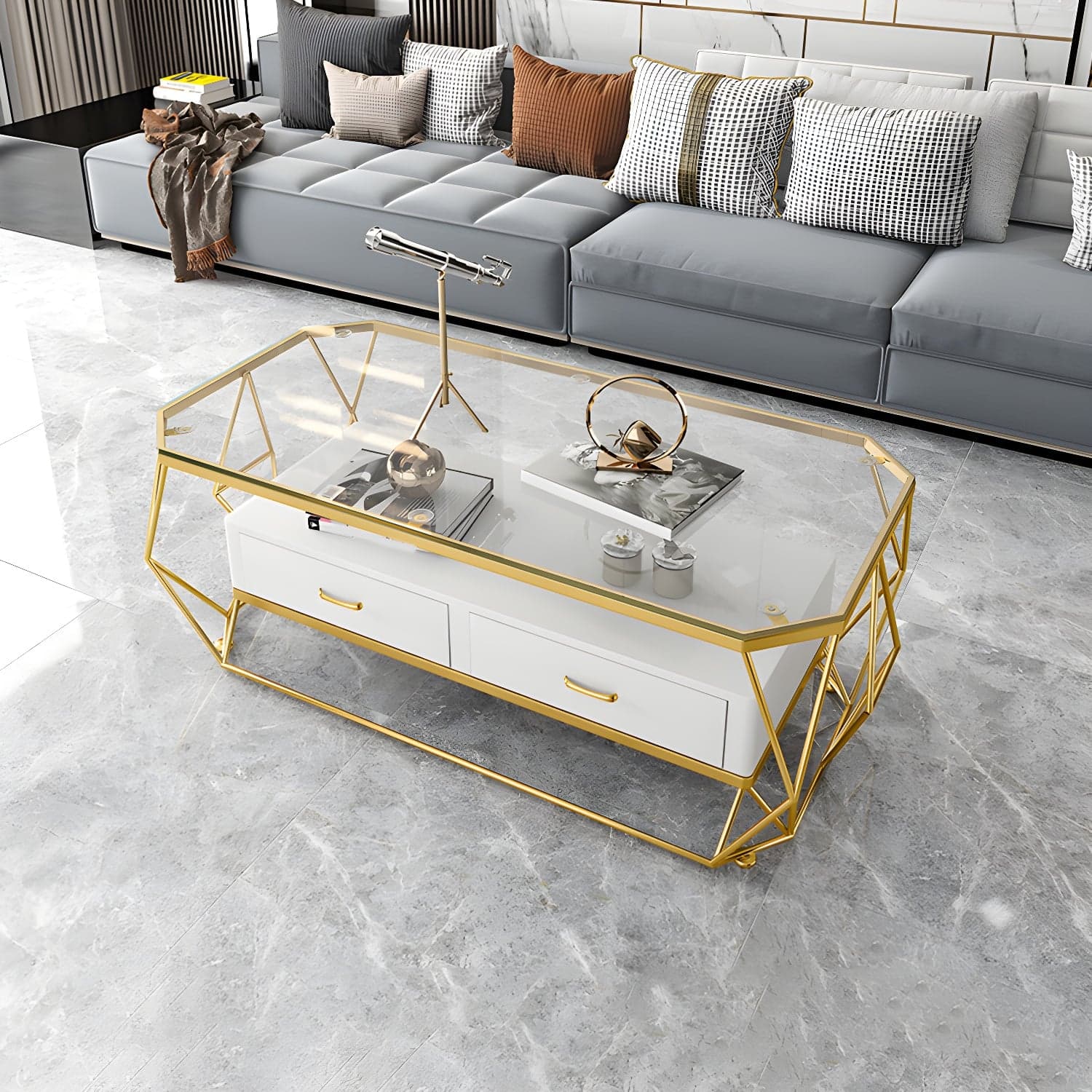 Glam Golden Frame Coffee Table with Storage Drawers Cocktail Table - image 3