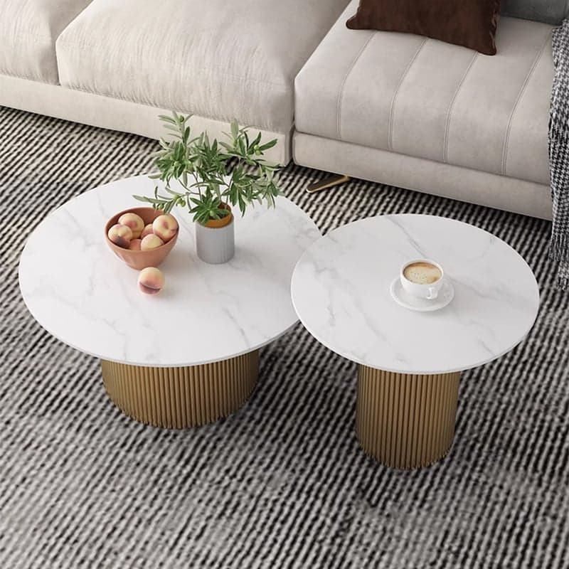 Modern Round Stone Top Coffee Table with Sturdy Metal Pedestal Base in Standard Height - image 6