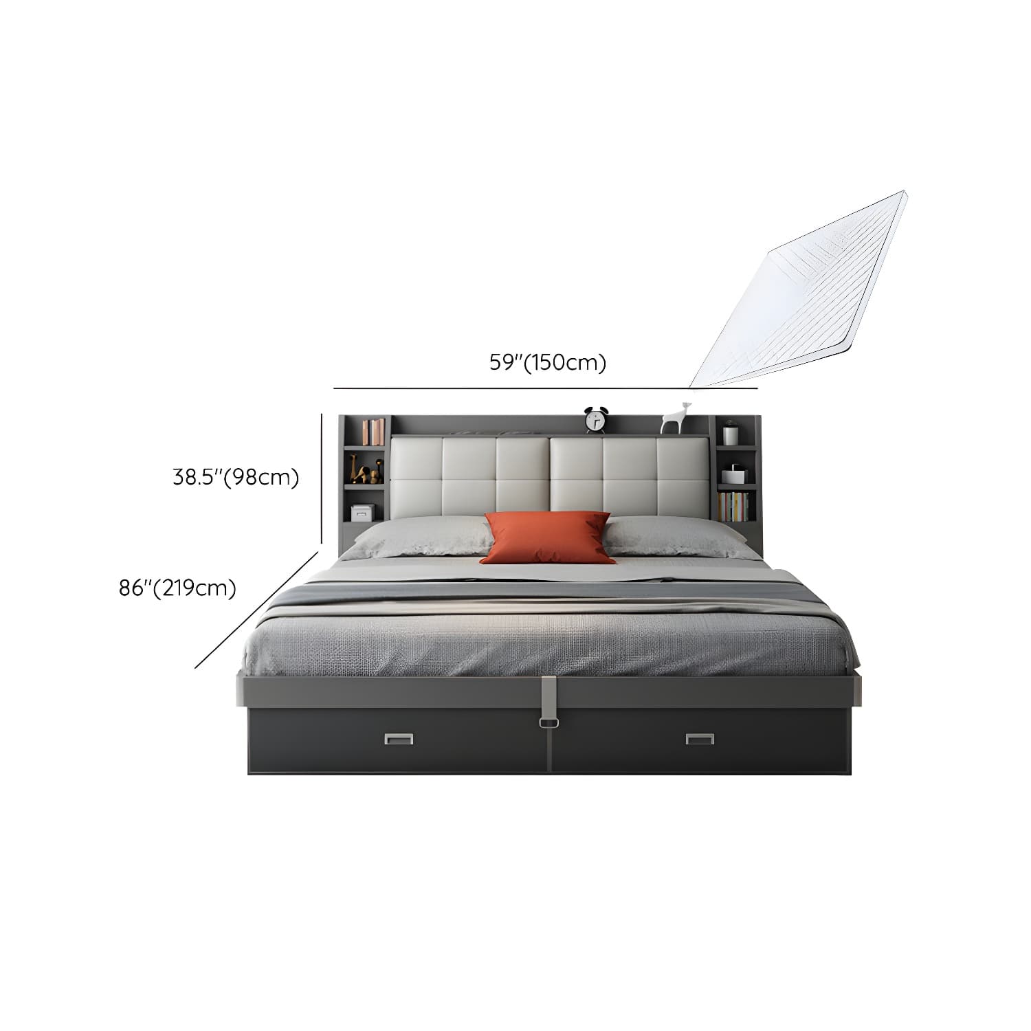 Upholstered Headboard Standard Bed with Storage Gray Wood 38.58" High - image 15