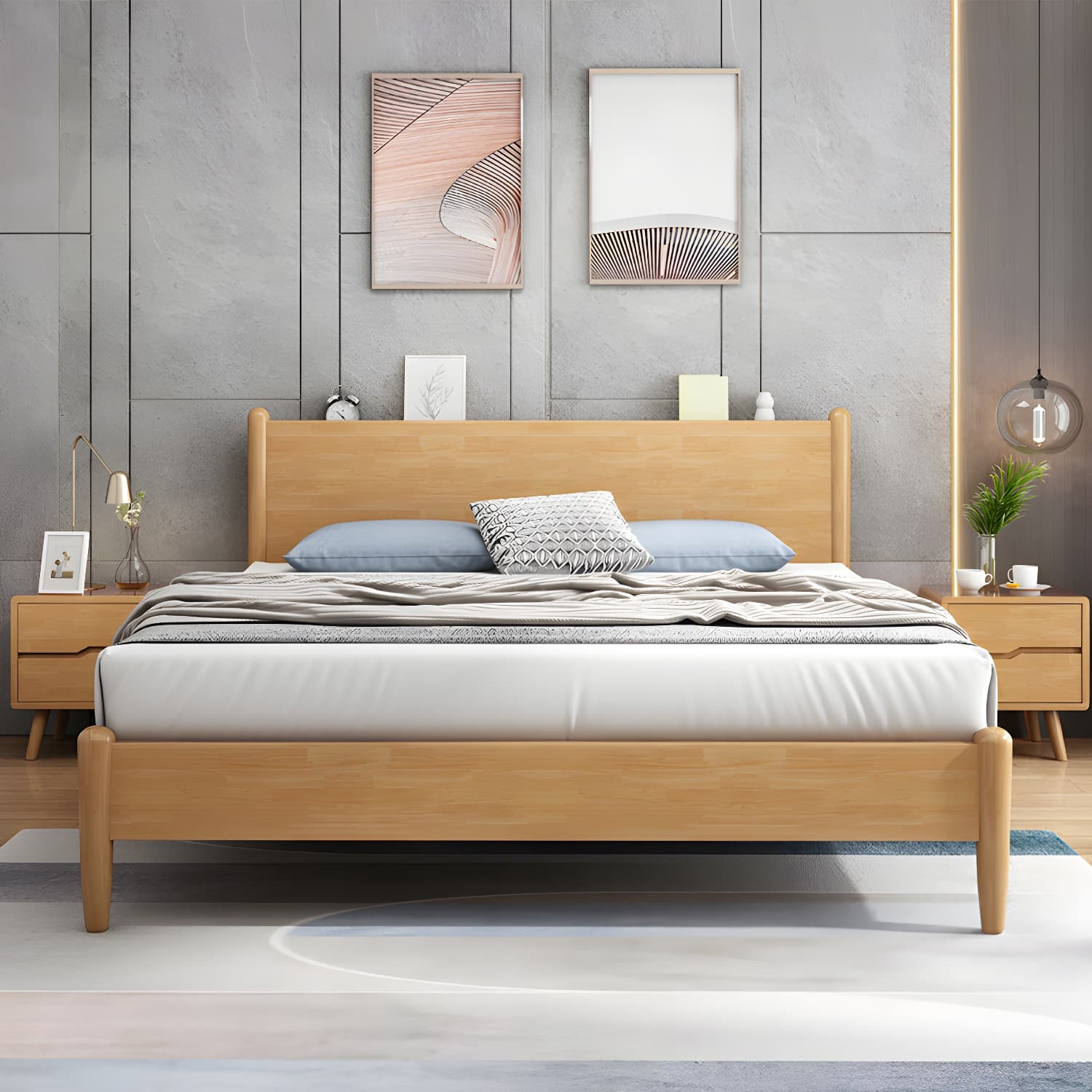 Northern European Solid Wood Bed Frame Mattress Included Panel Bed with Headboard - image 4