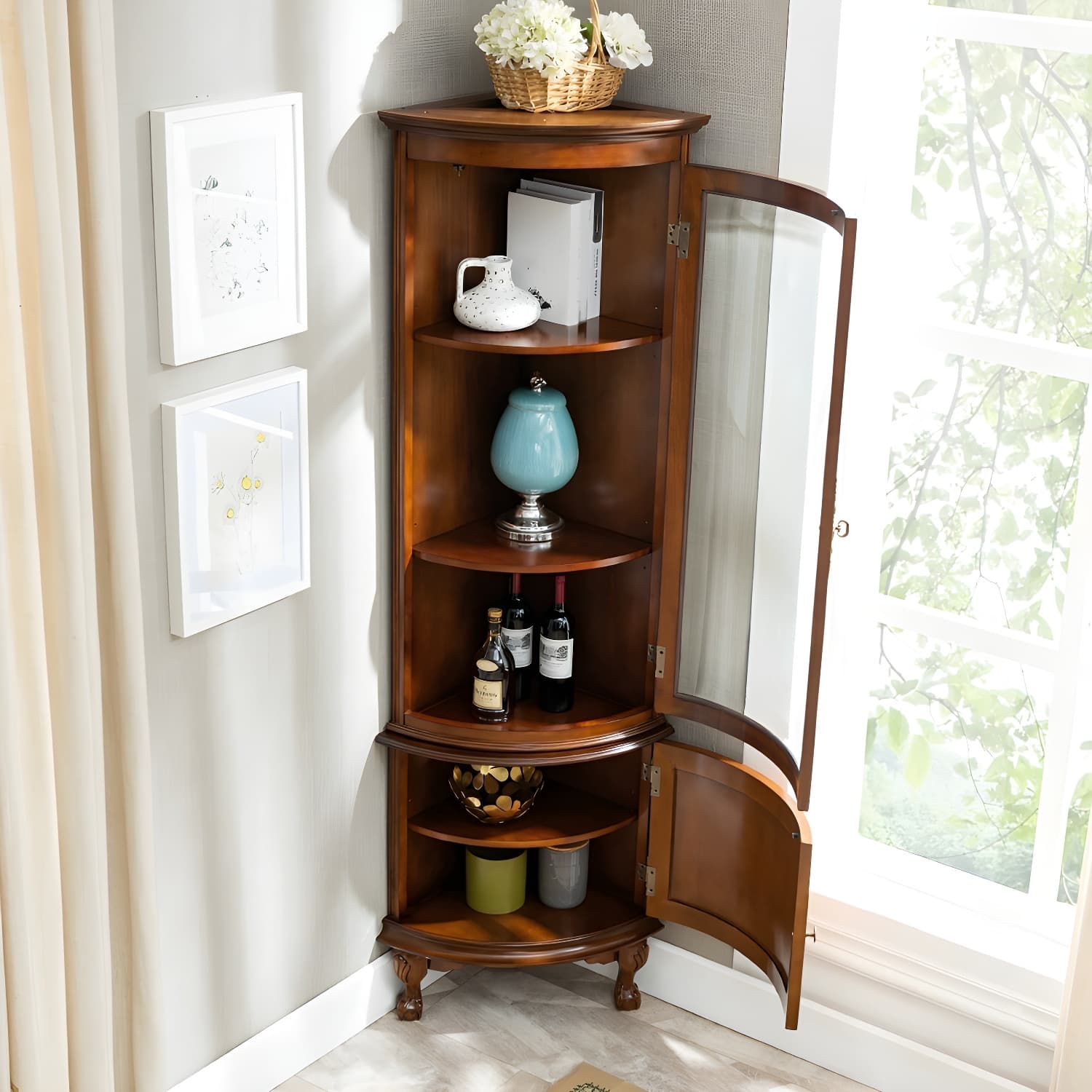 Mid-Century Modern Corner Accent Cabinet with Brown Wood Counter Top and Distressed Metal Base