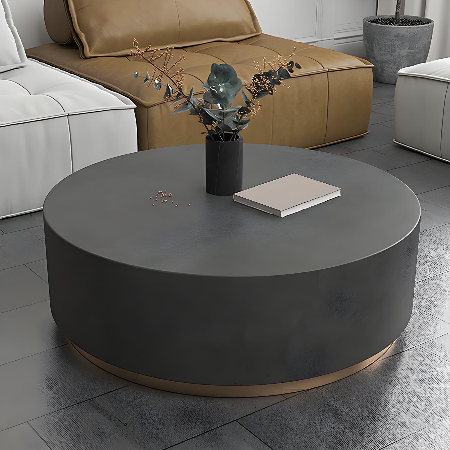 Drum Base Design Black/grey Faux Concrete Top Metal Base Round Coffee Table - image 5