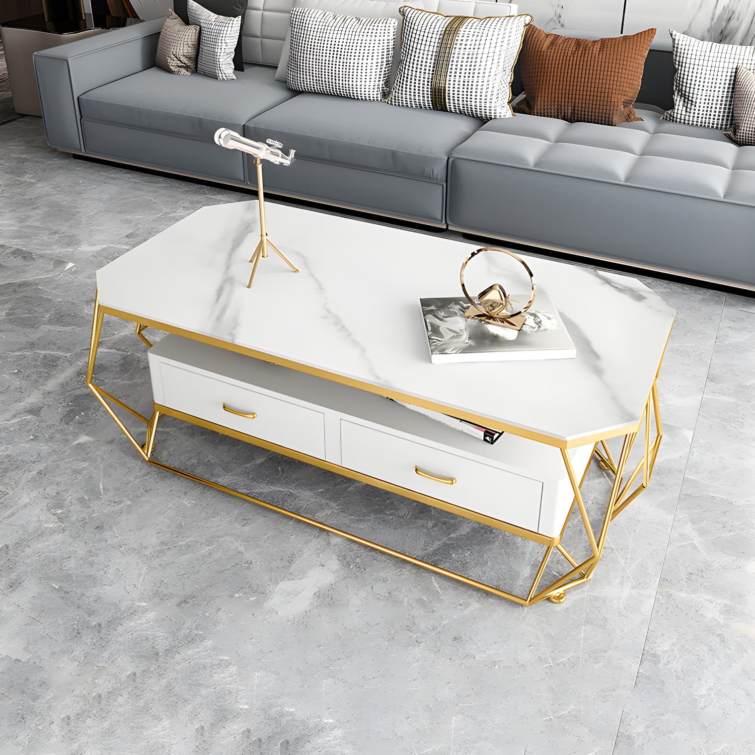 Glam Golden Frame Coffee Table with Storage Drawers Cocktail Table - image 13