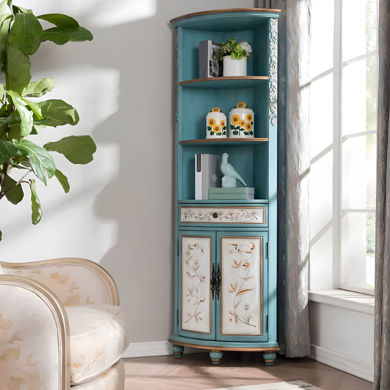 Rustic Corner Accent Cabinet with Wood Counter Top, Drawers, and Cabinet, Small Size - image 9