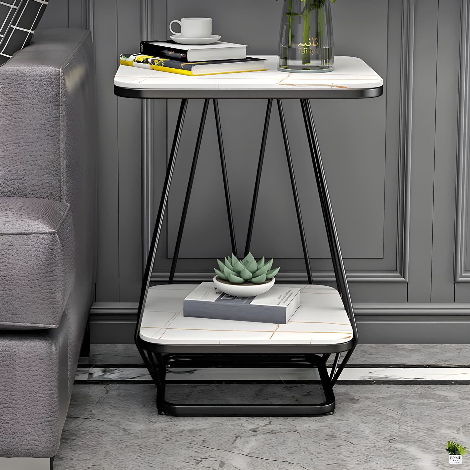 Glam Metal Night Table Stone Top 24'' Tall Open Storage Nightstand with Legs - image 14