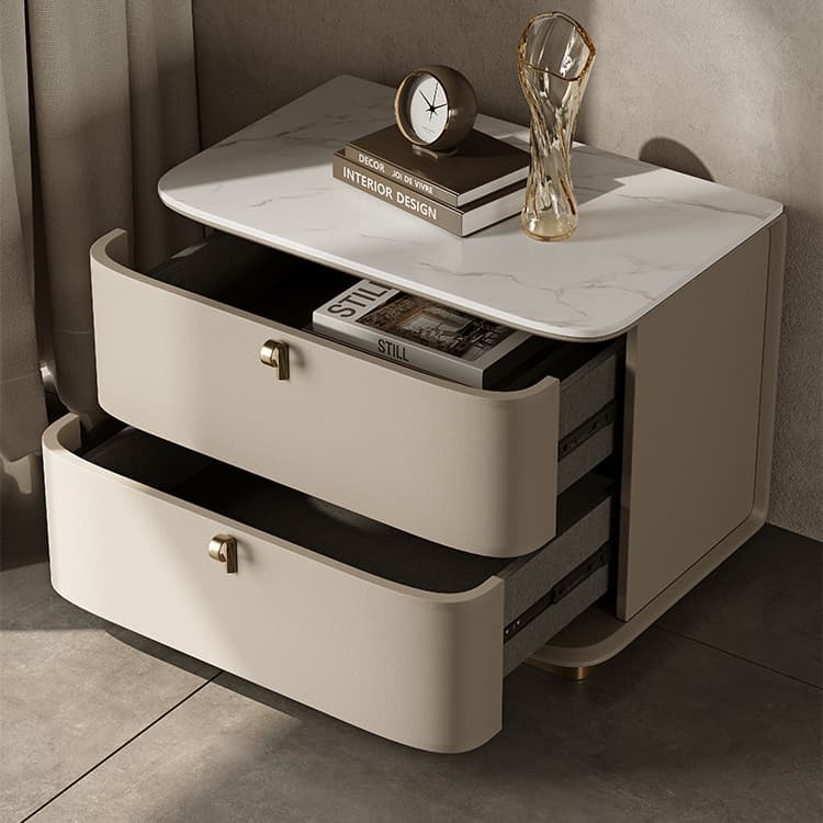 Modern Faux Leather Drawer Storage Nightstand with Stone Table Top - image 15