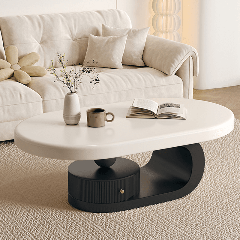 Minimalist Oval Wooden Coffee Table with 1 Shelf and White Top