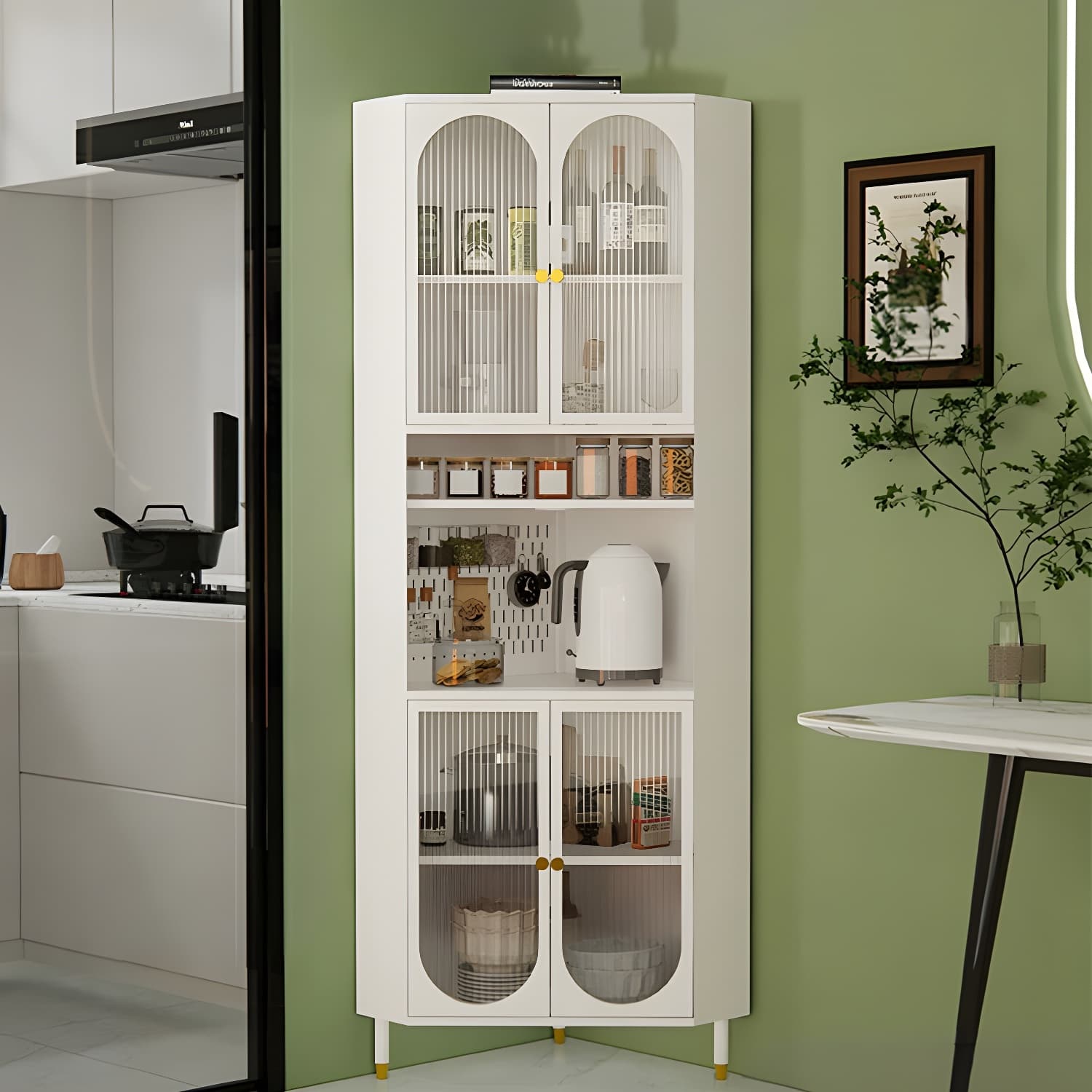 Corner Scandinavian Accent Cabinet with Steel Base and Glass Doors, and Adjustable Shelves - image 3