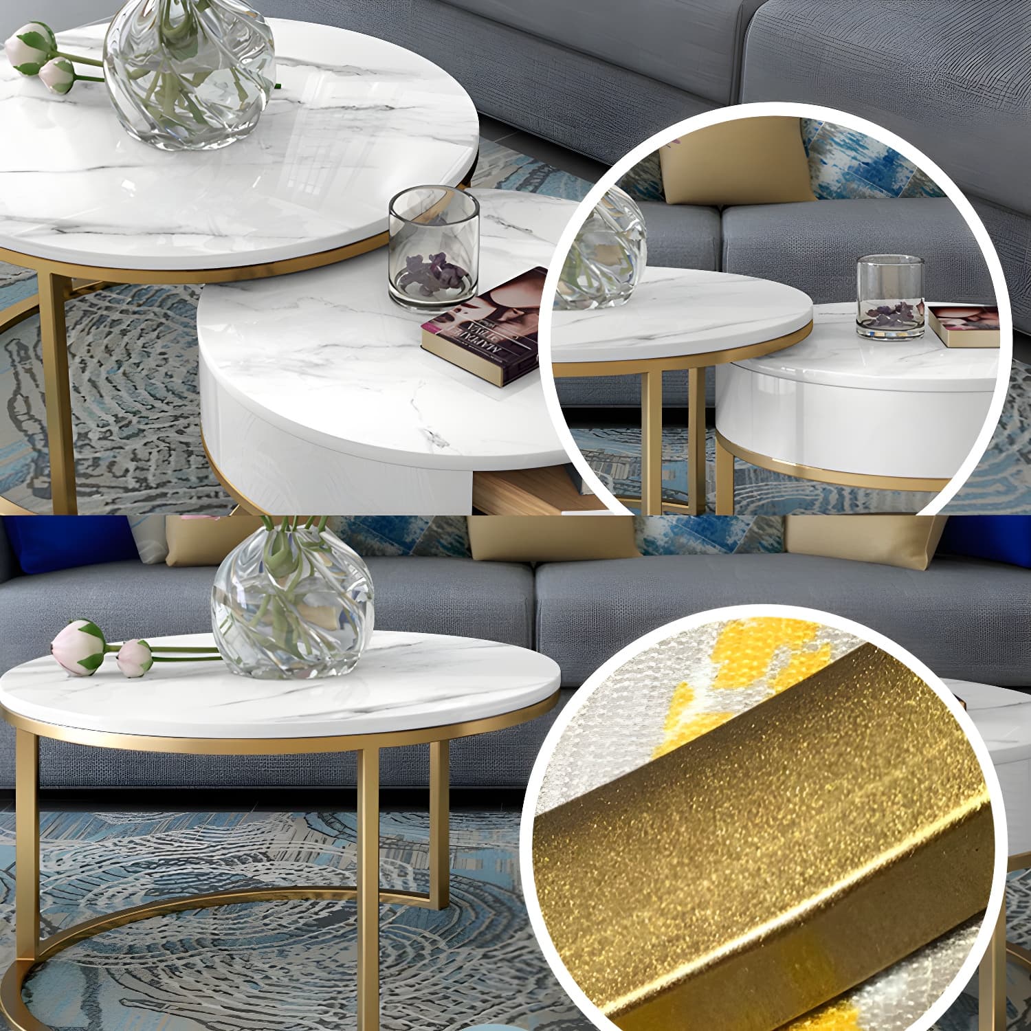 Round Frame Coffee Table Slate Nesting Coffee Table Set with Drawer - image 8