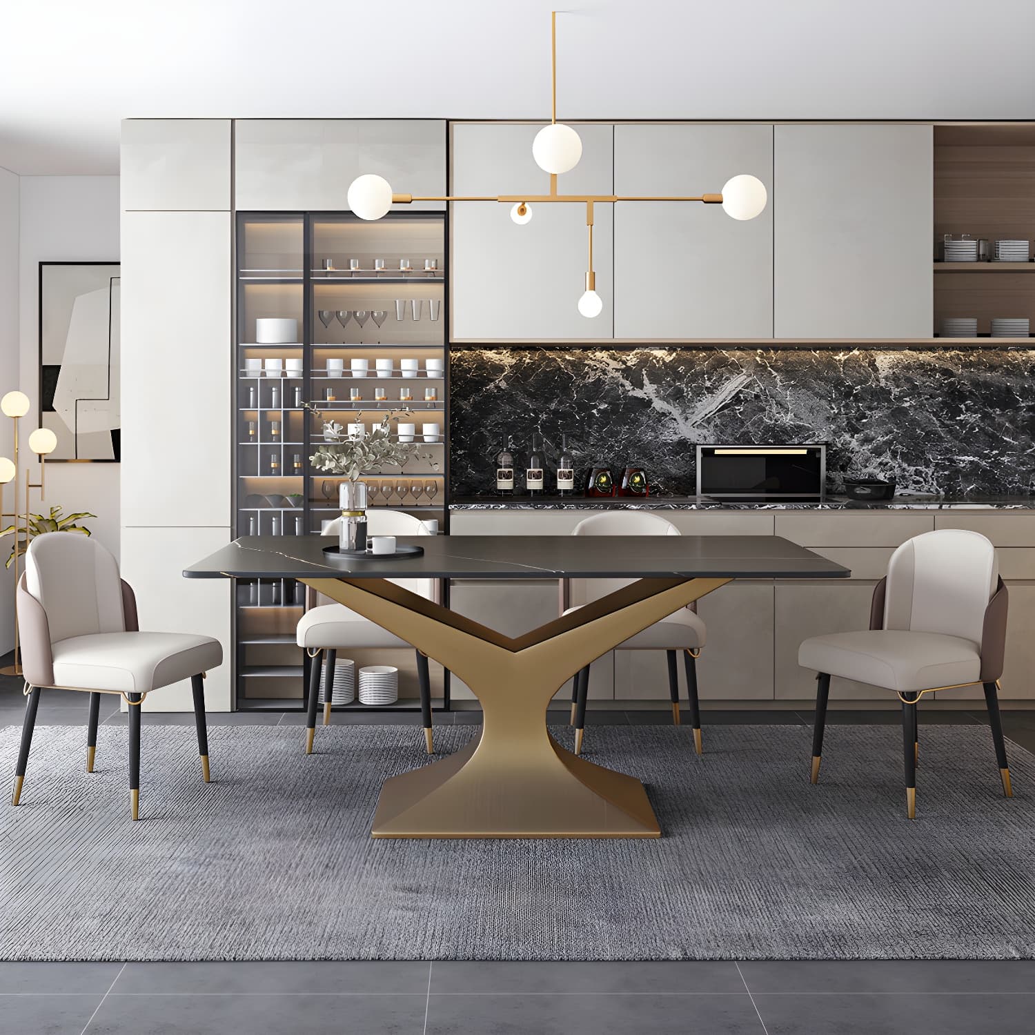 Luxury 1/2/5/ Pieces Dining Set Sintered Stone Dining Table Set with Leather Chairs - image 3