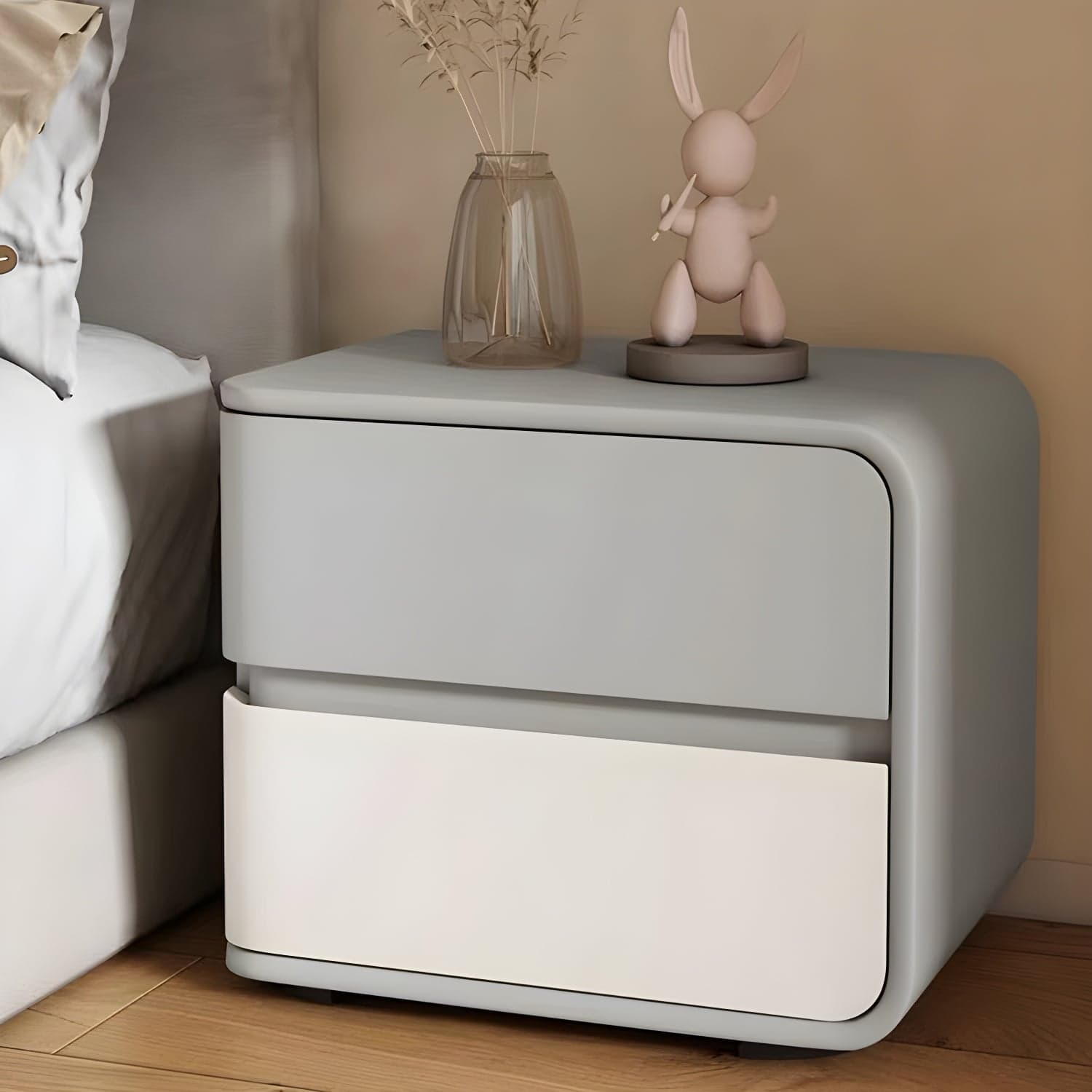 Modern Wood Nightstand with 2 Drawers - Small and Low Profile - Faux Leather Countertop - image 3