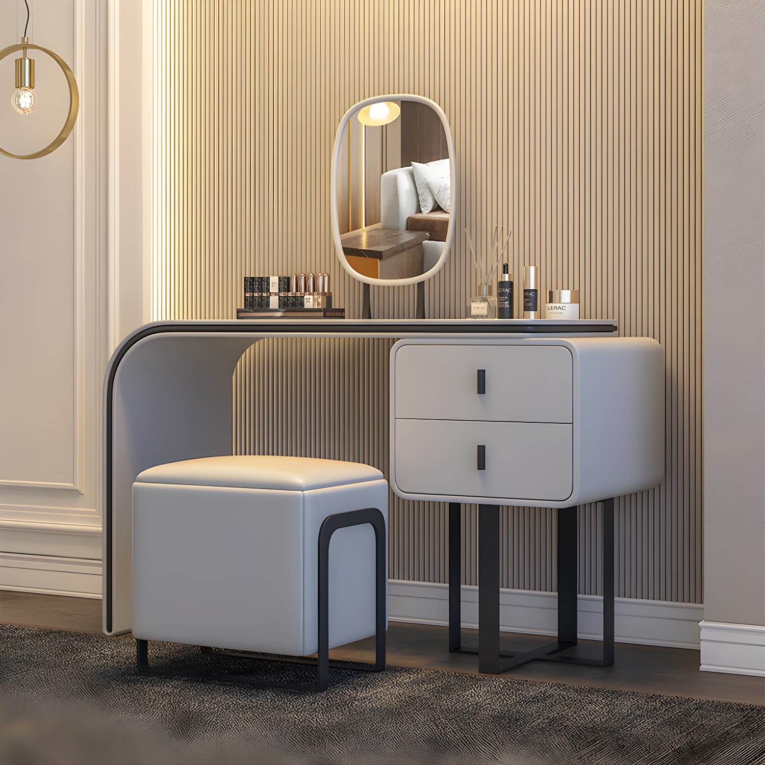 Glam Vanity Set With Drawer Leather Mirror Bedroom Make-up Vanity - image 4