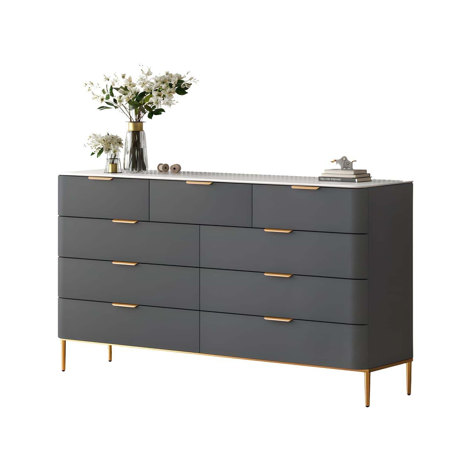 Modern Faux Leather Double Dresser with Solid Wood and Gold Accent Handles