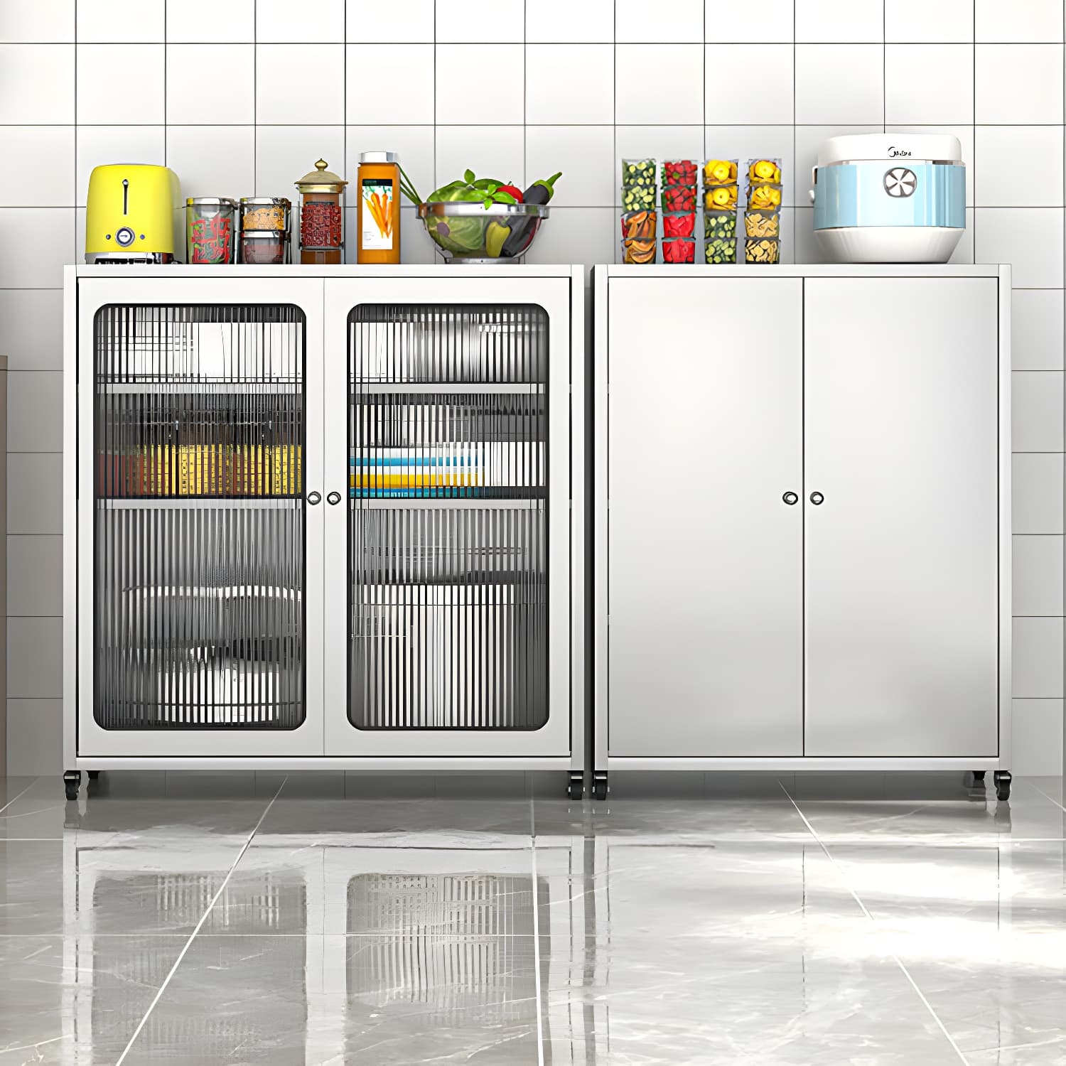 Chrome Stainless Steel Sideboard Cabinet with Cabinets, Adjustable Shelves, and Glass Doors