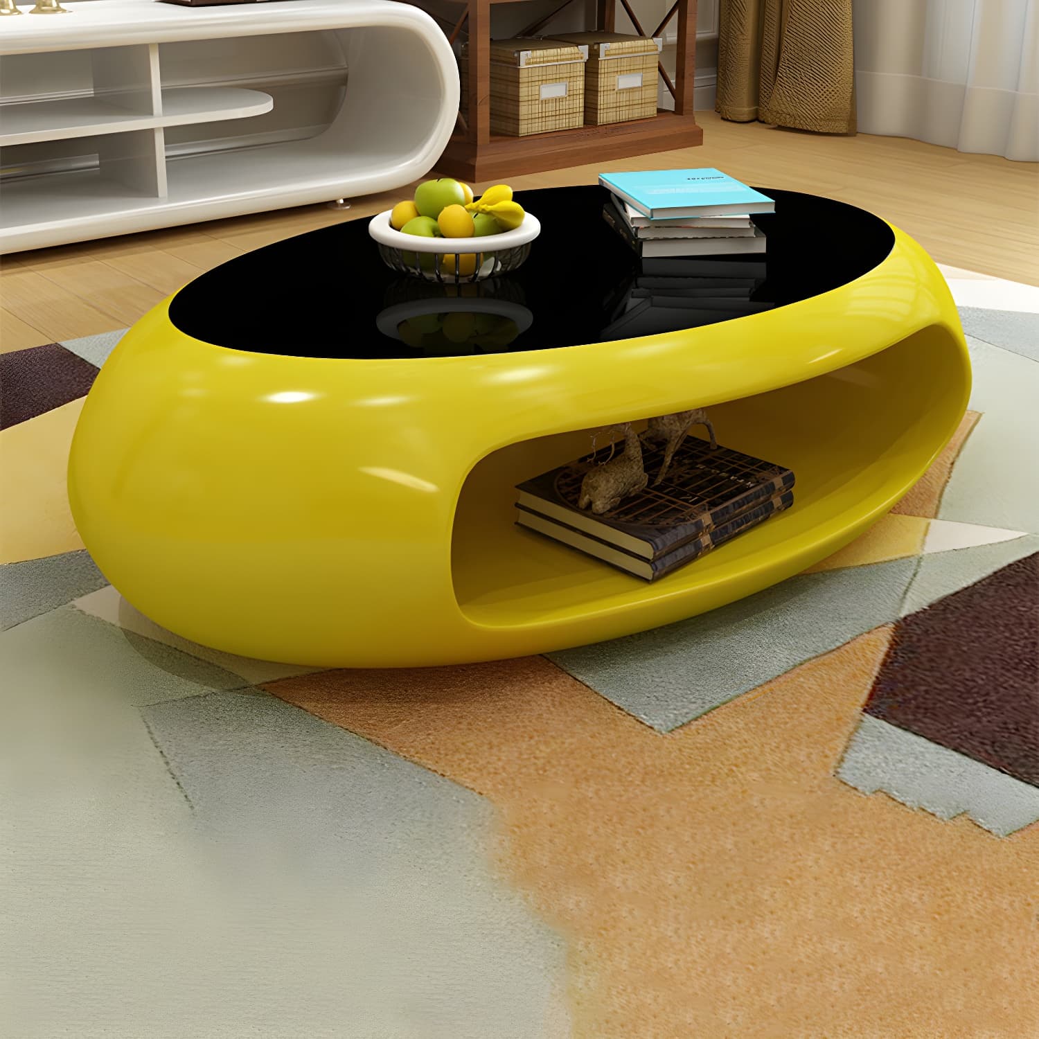 Modern Oval Coffee Table with Storage Shelf and Plastic Pedestal Base - image 3