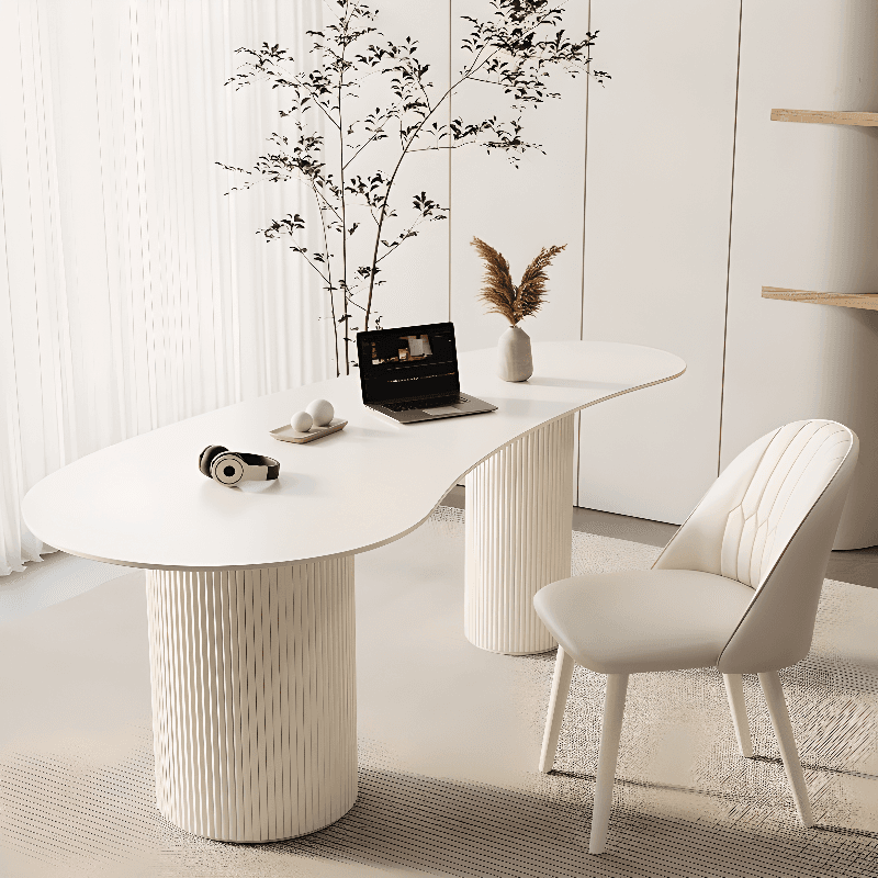 Fixed Free Form Dining Table Set with Double Pedestal, a Chalk Slate Tabletop and Upholstered Chairs in an Art Deco Style - image 3