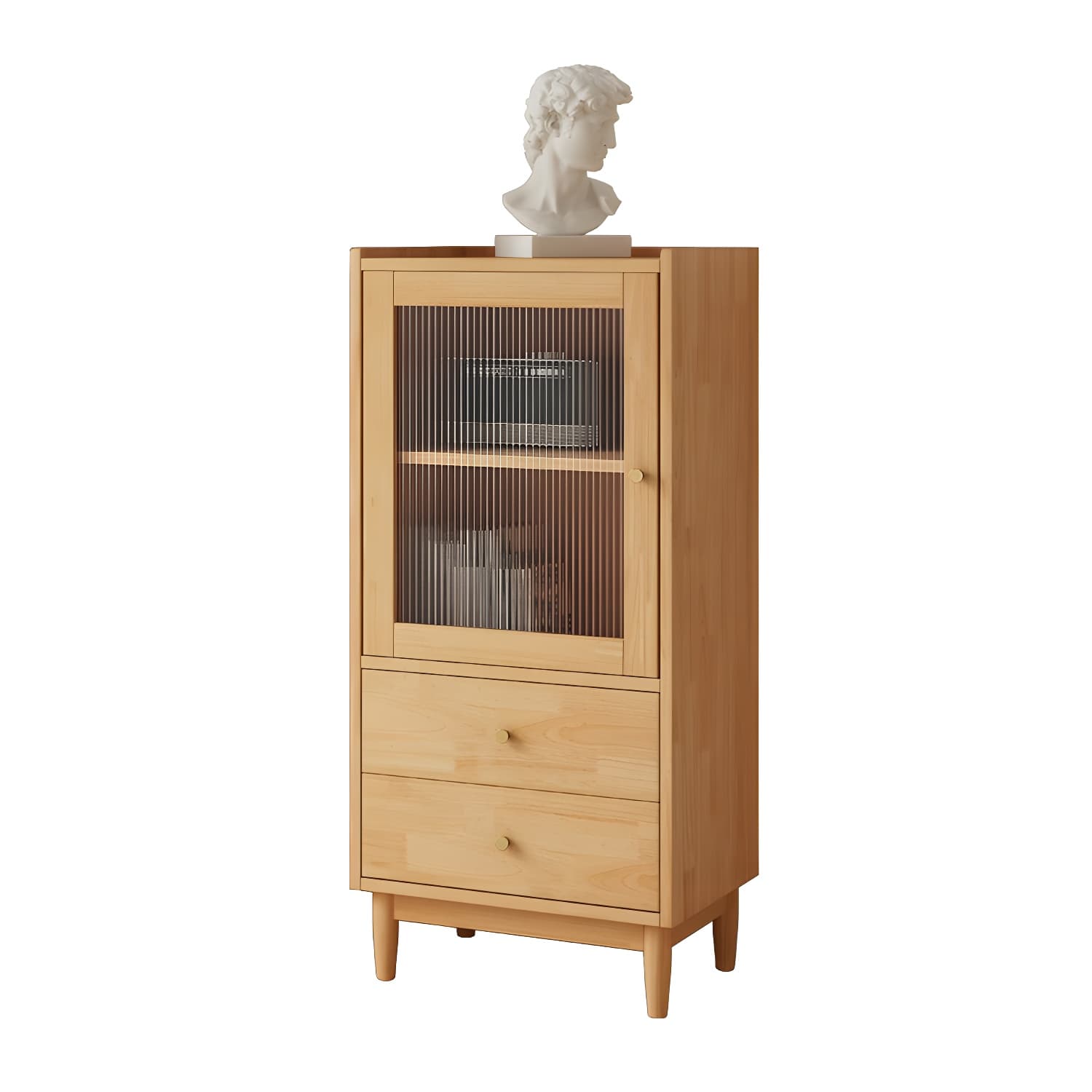 Scandinavian Glass Door Wood Cabinet with Drawers and Adjustable Shelves - Elegant Storage Furniture