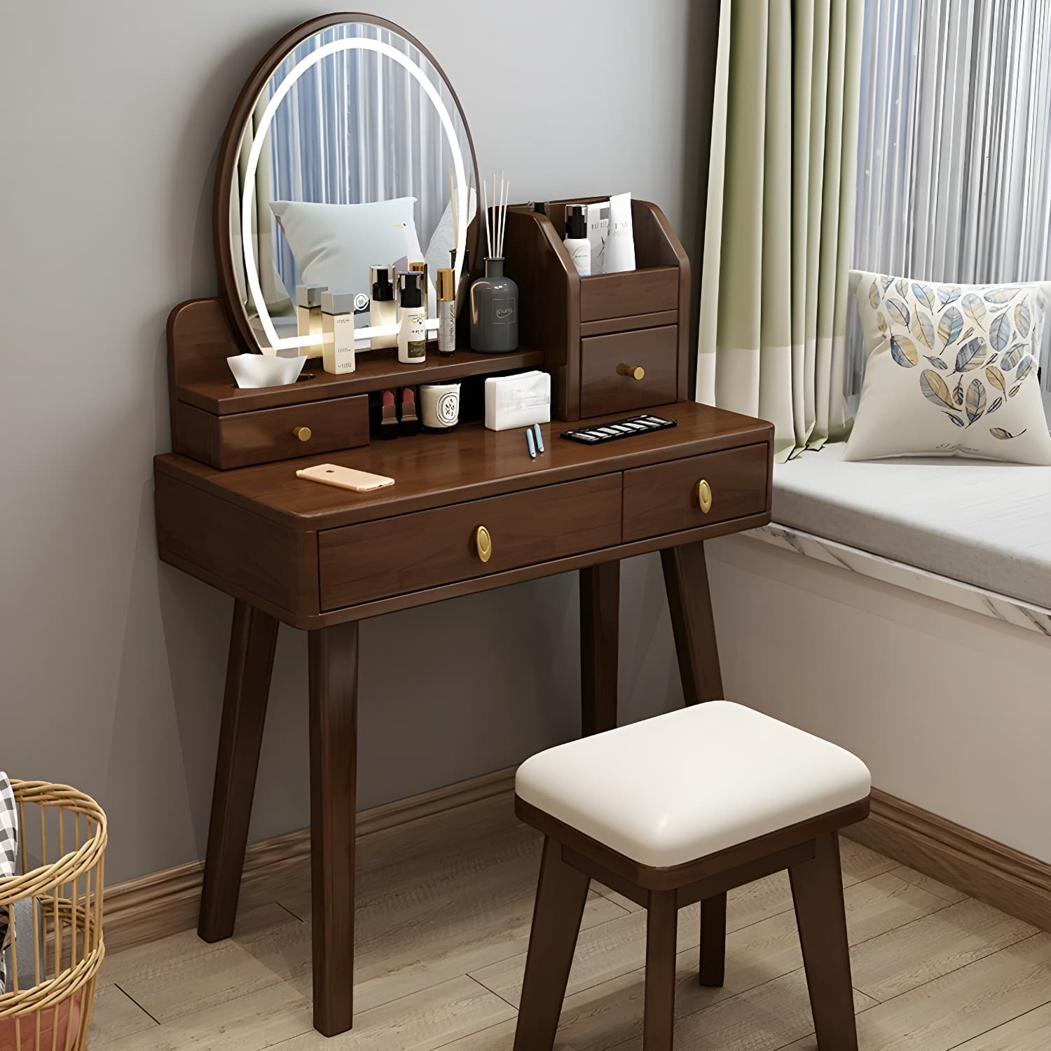 Modern Wood Makeup Vanity with Drawers, Mirror & Upholstered Chair - image 7