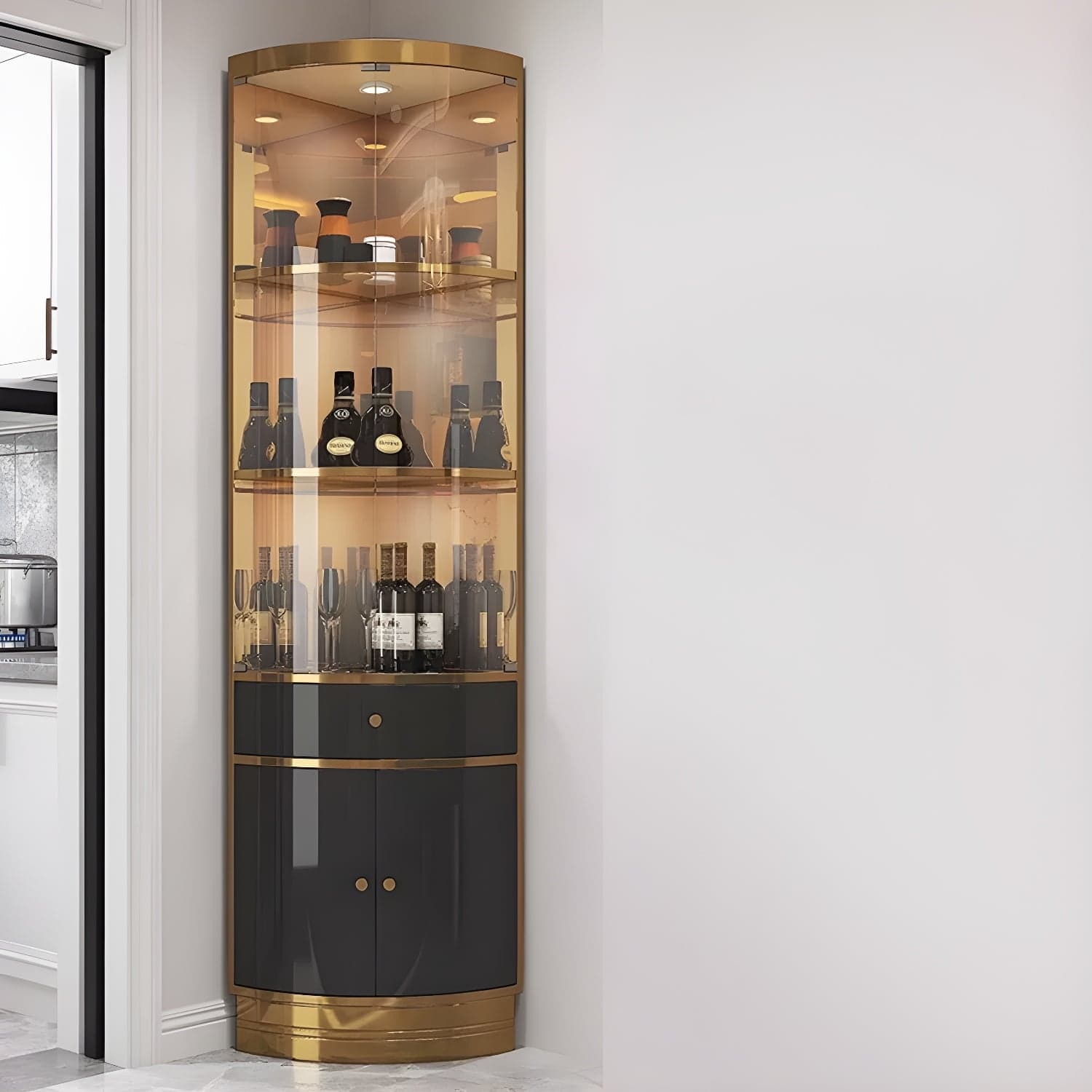 Corner Modern Accent Cabinet with Wood Counter Top, Glass Doors, and Metal Base - image 5