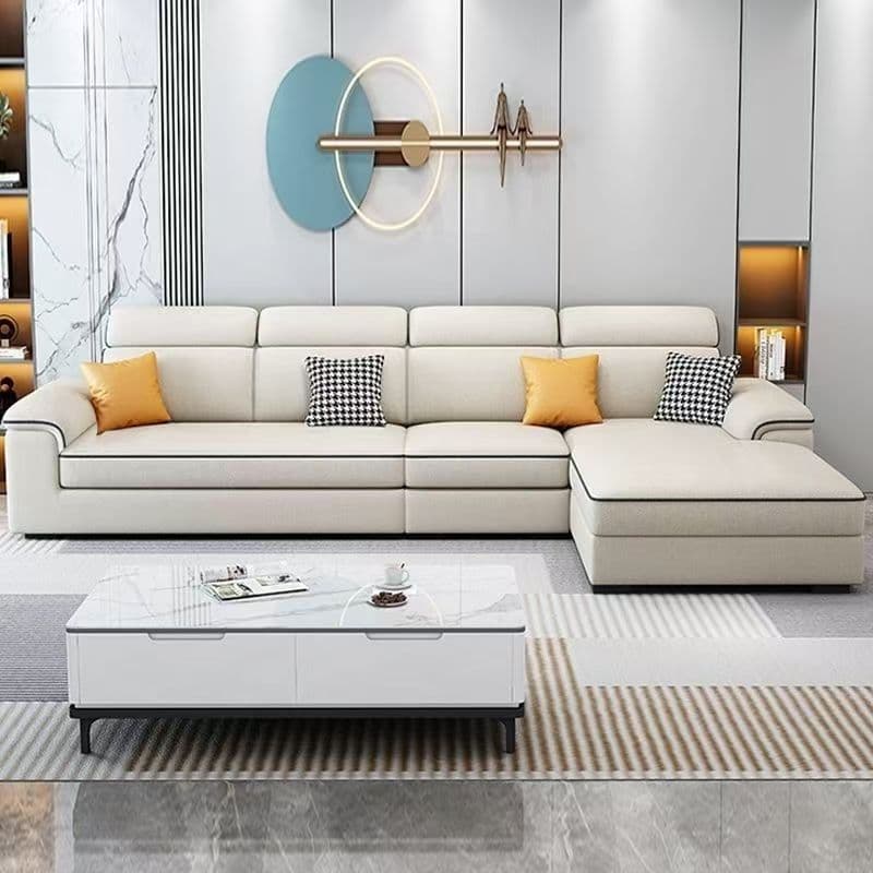 Casual L-Shape Stain Resistant Cream Sofa Recliner with Left/Right Hand Facing Square Arm and Chaise Component