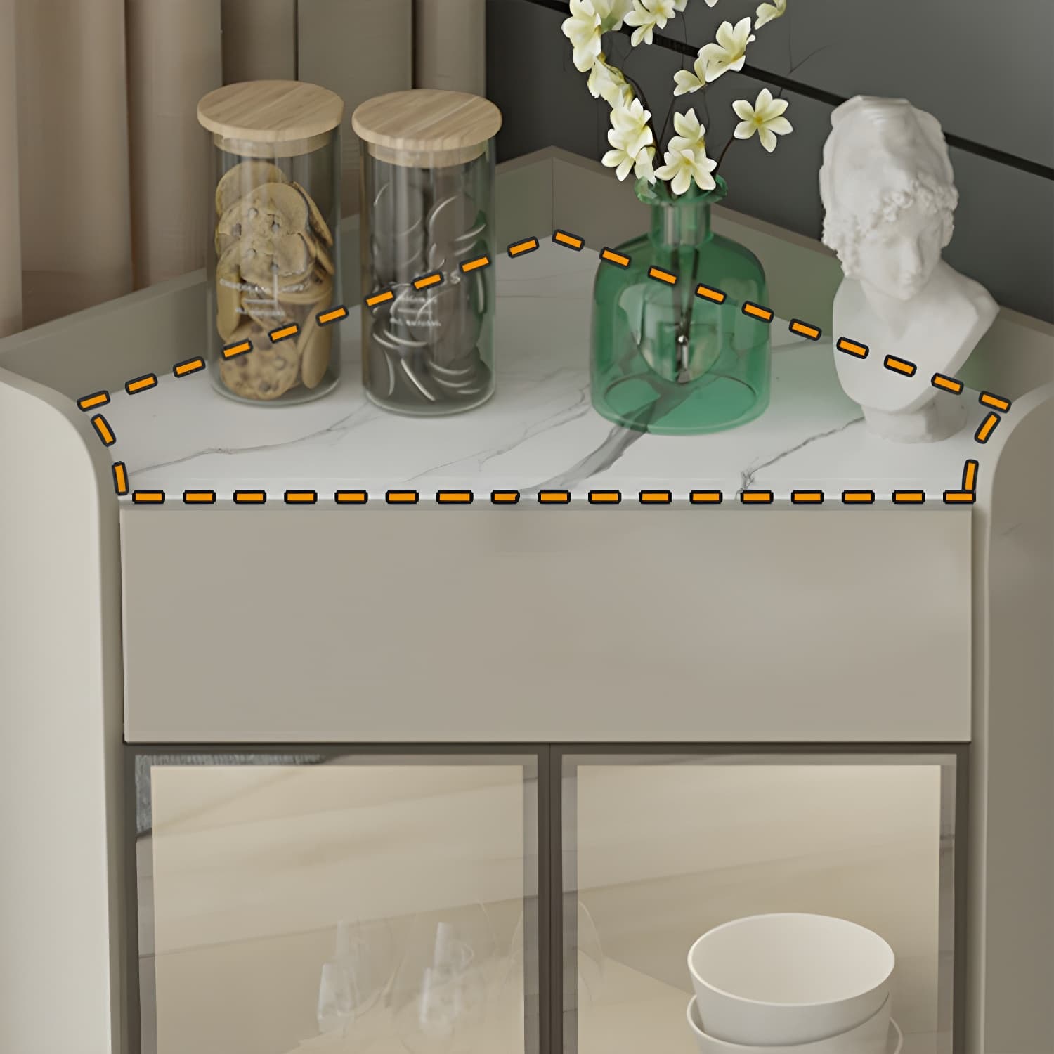 Small Modern Corner Accent Cabinet with Wood Counter Top, Drawers Included, and Metal Legs - image 7