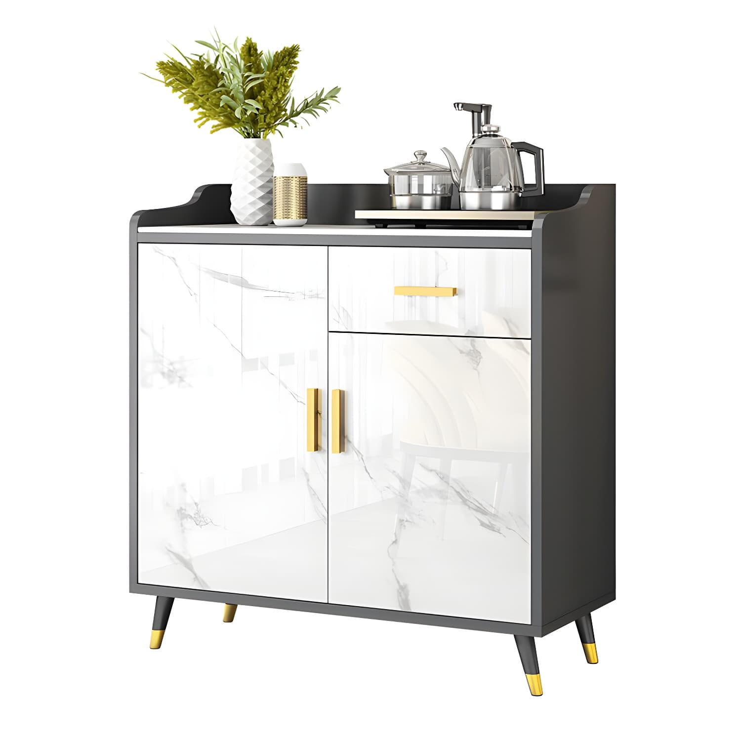 Modern Stone Top Shelves Included Sideboard with White & Grey Manufactured Wood Door