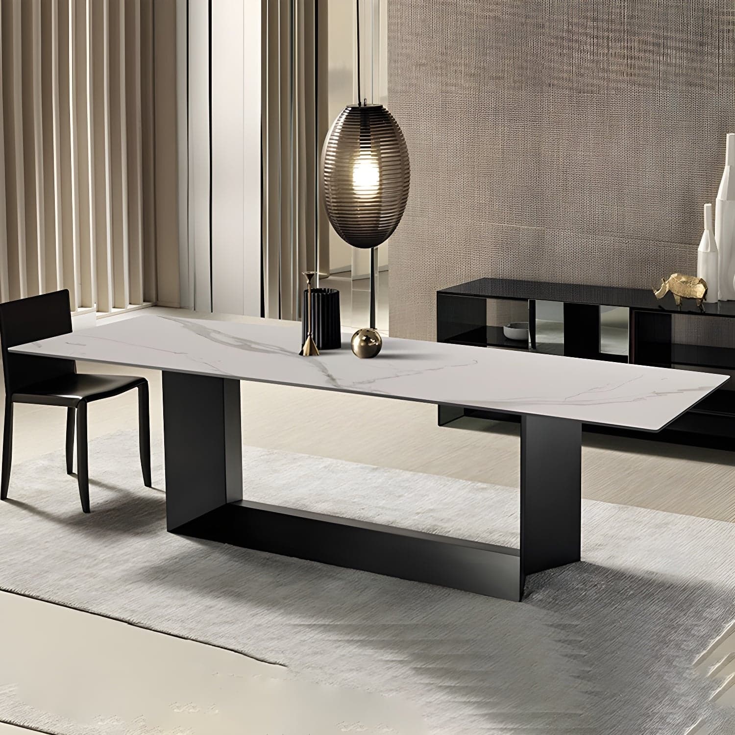 Sophisticated Modern Rectangle Stone Kitchen & Dining Table with Black Metal Trestle Base - image 3