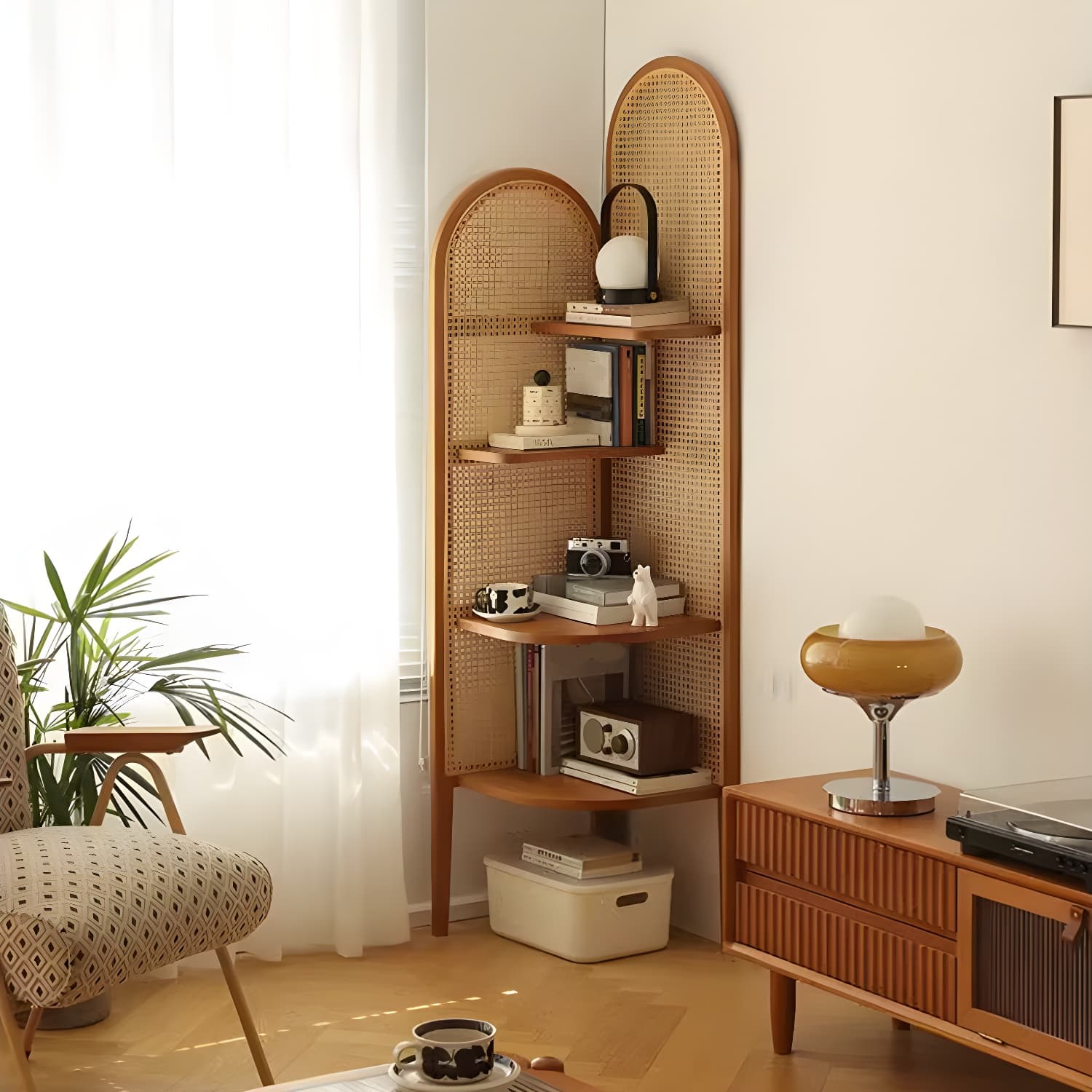 Scandinavian Corner Accent Chest with Natural Wood Counter Top and 4 Open Shelves - image 4