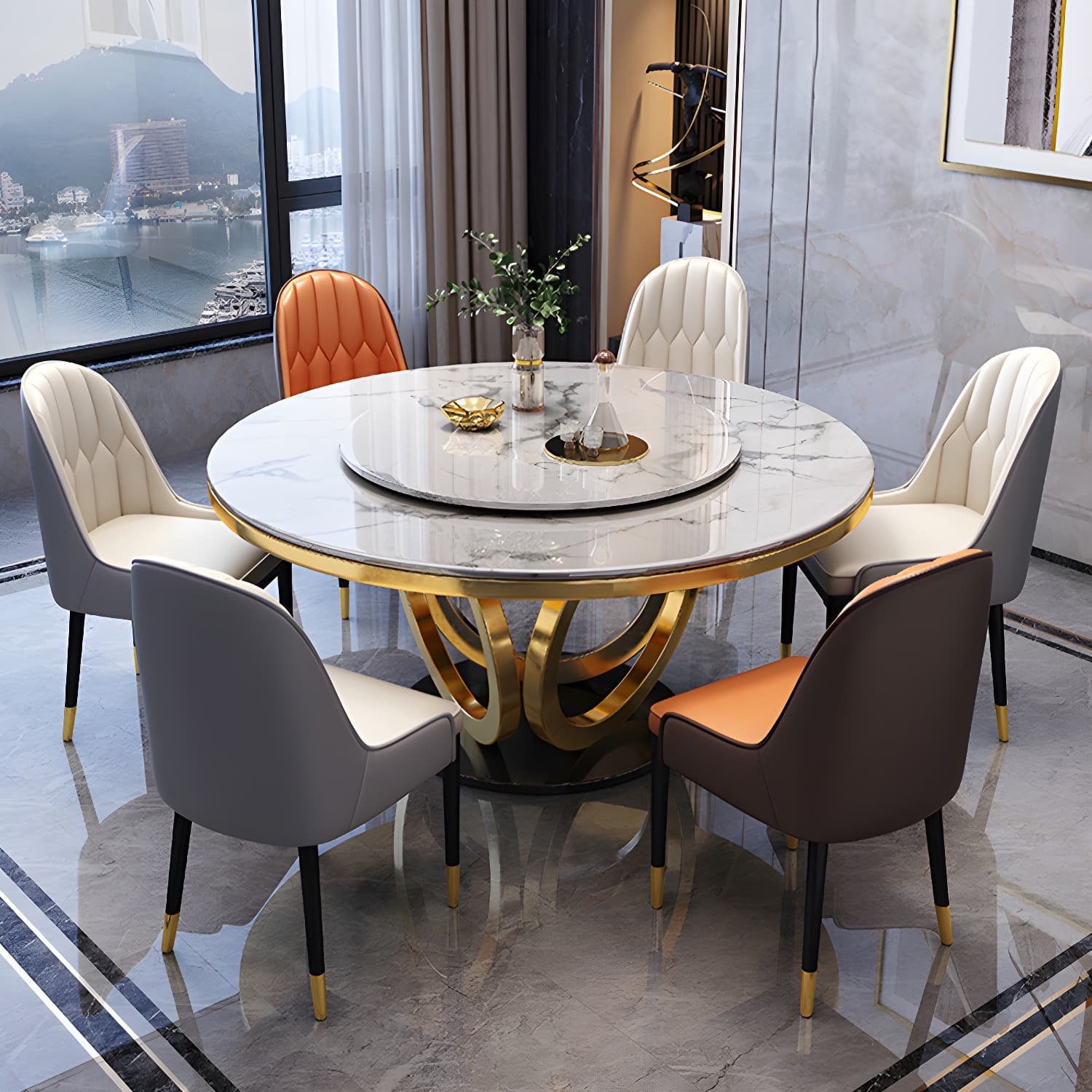 Glamorous Round Marble Dining Set with Gold Metal Pedestal Base and Upholstered White Chairs
