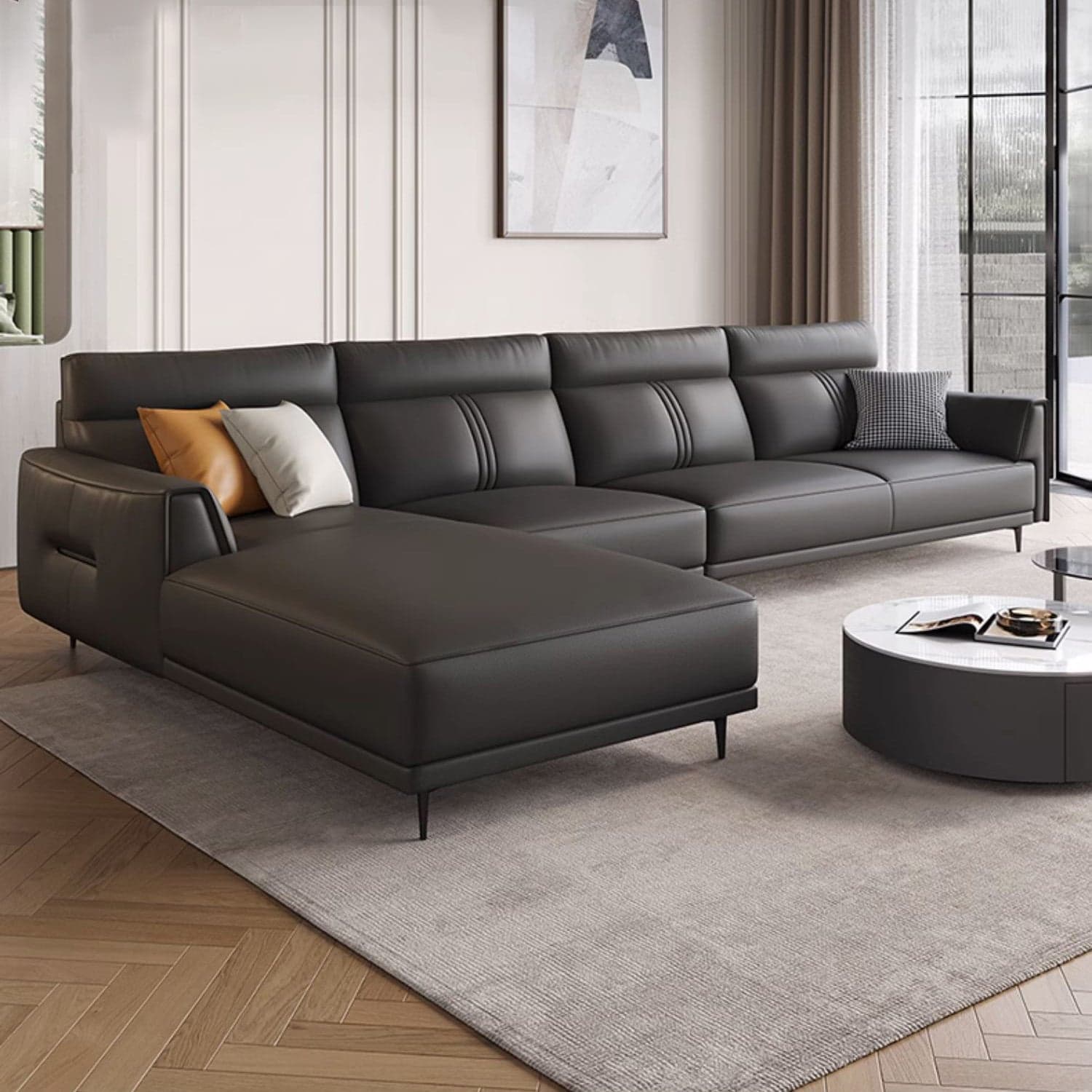 Modern Black Leather Stationary Sectional Sofa with Flared Arm and Cushion Back